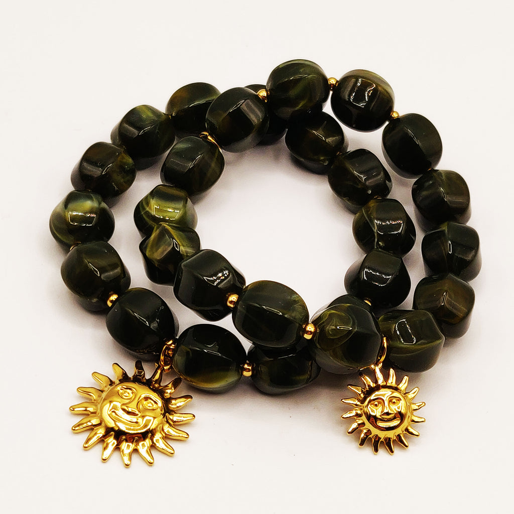 Bracelet Double Rangs Perles d'imitation Kaki et Dorées Luxe
