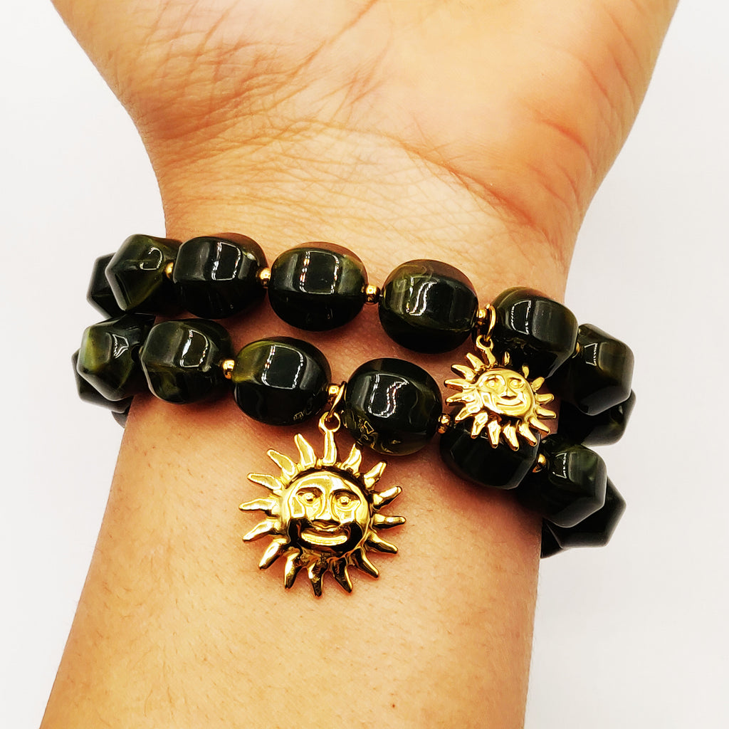 Bracelet Double Rangs Perles d'imitation Kaki et Dorées Luxe