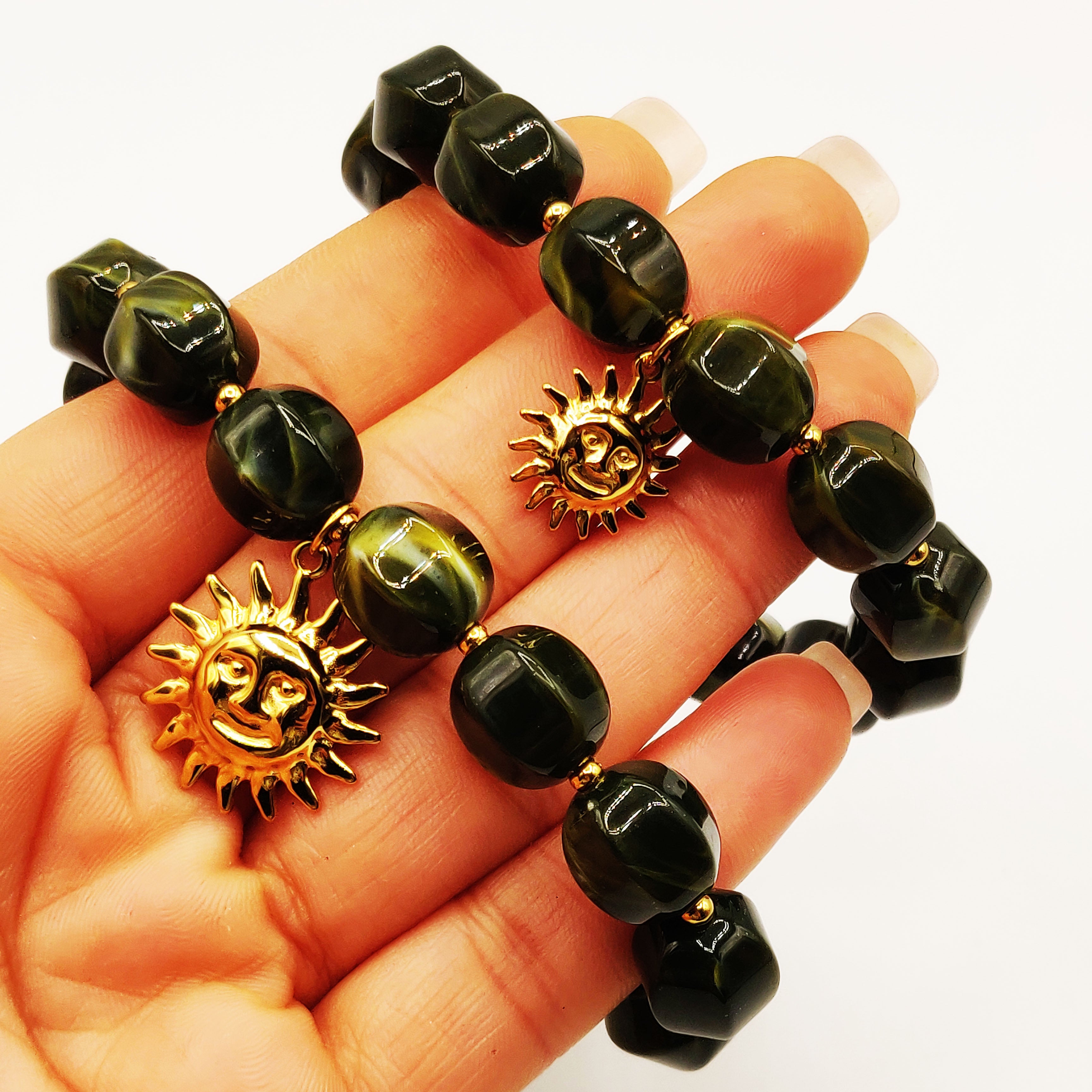 Bracelet Double Rangs Perles d'imitation Kaki et Dorées Luxe