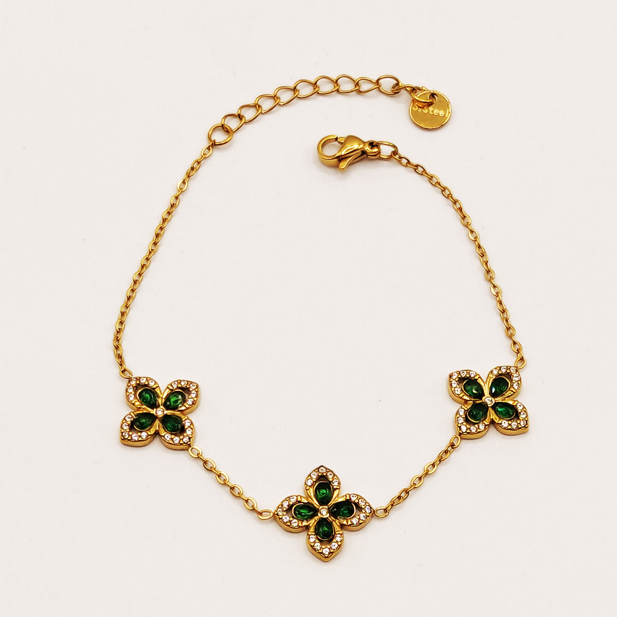 Bracelet Trèfles Verts Pointus Tour Cristaux Luxe