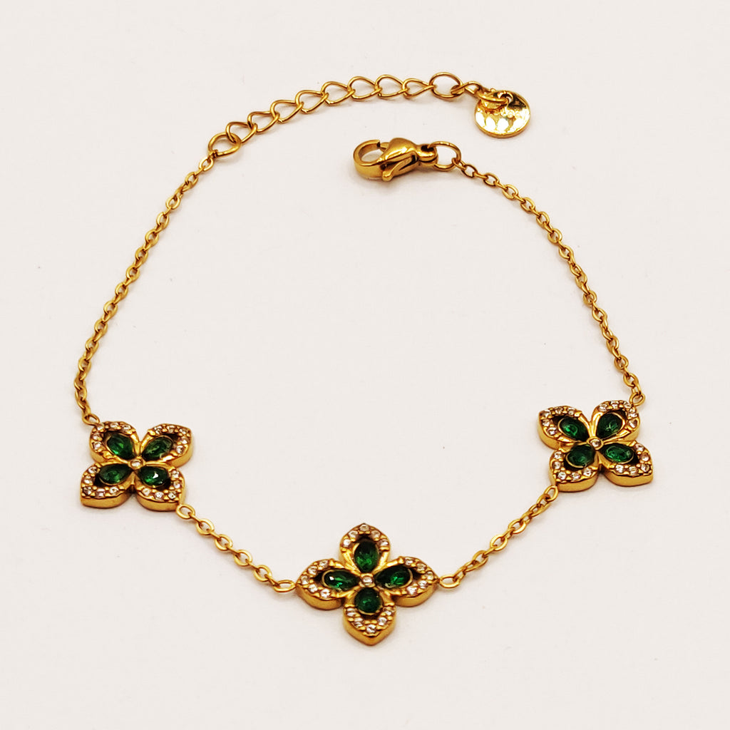 Bracelet Trèfles Verts Pointus Tour Cristaux Luxe