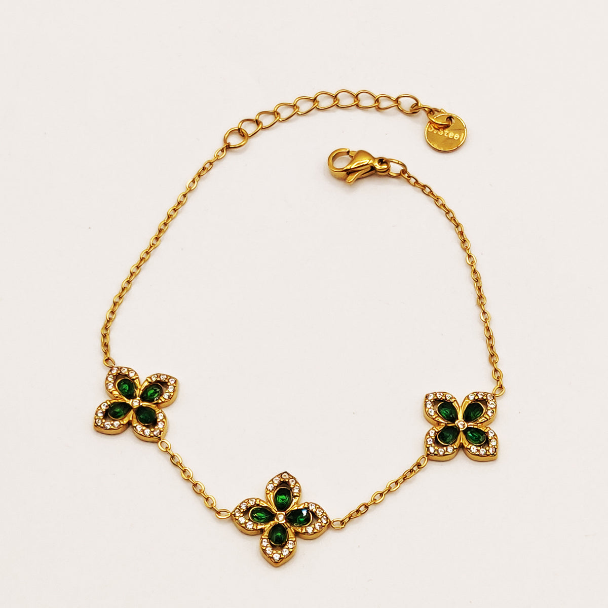 Bracelet Trèfles Verts Pointus Tour Cristaux Luxe