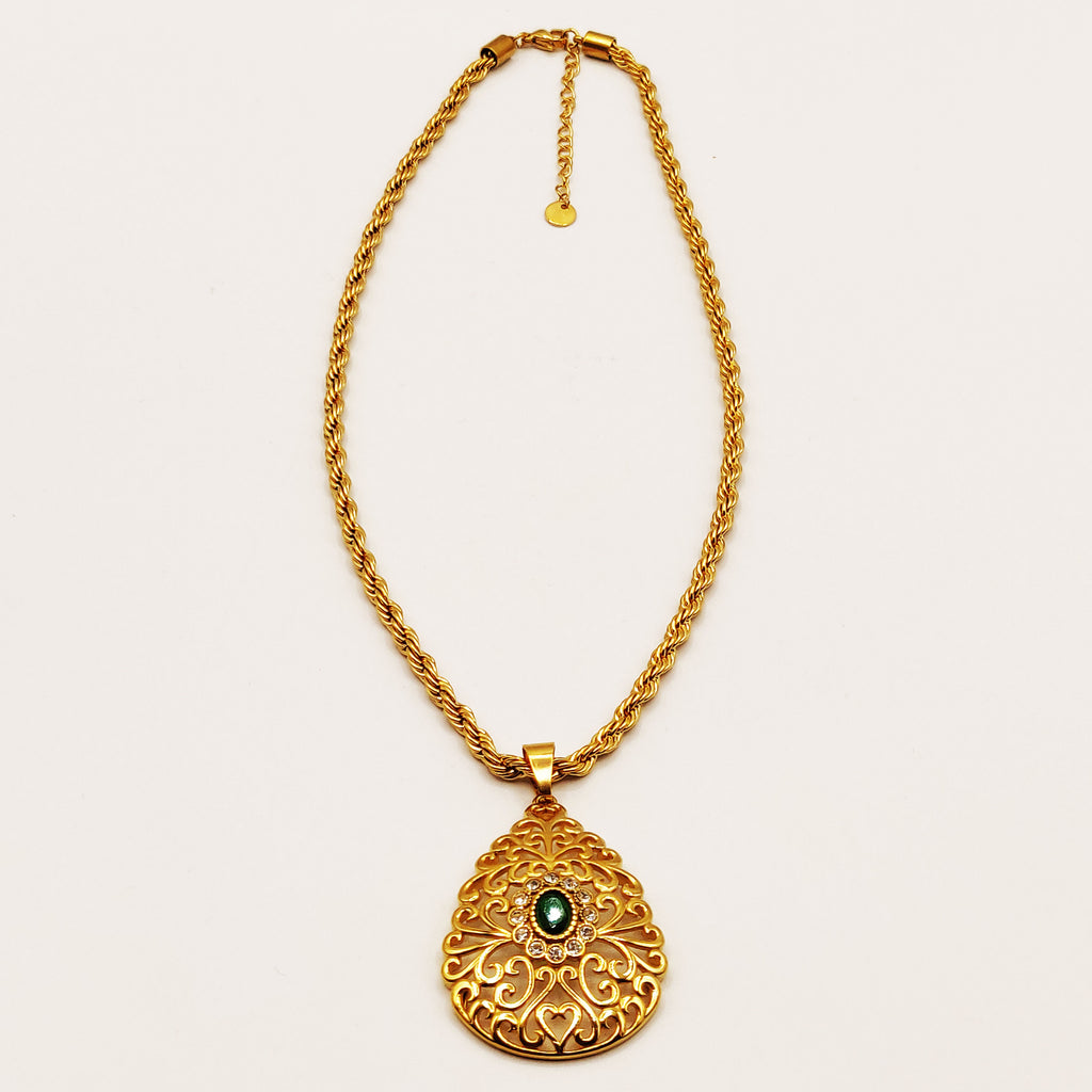 Collier Torsade Grande Goutte Motifs Orientaux Pierre Verte Luxe