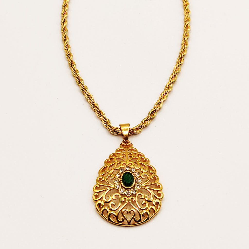Collier Torsade Grande Goutte Motifs Orientaux Pierre Verte Luxe