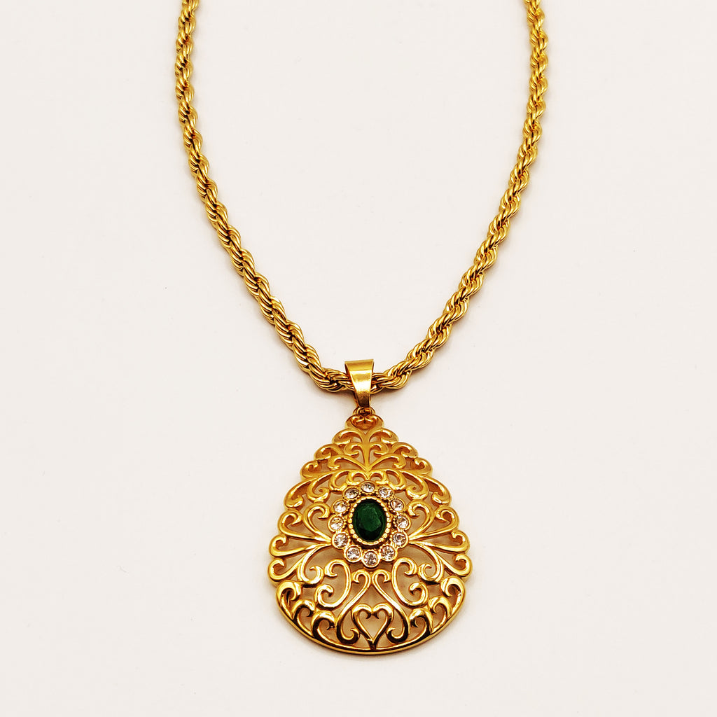 Collier Torsade Grande Goutte Motifs Orientaux Pierre Verte Luxe
