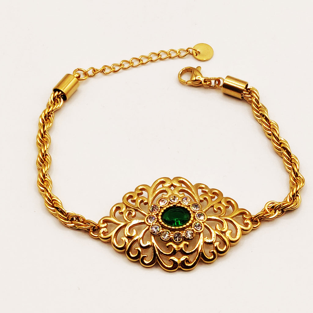 Bracelet Torsade Grande Goutte Motifs Orientaux Pierre Verte Luxe
