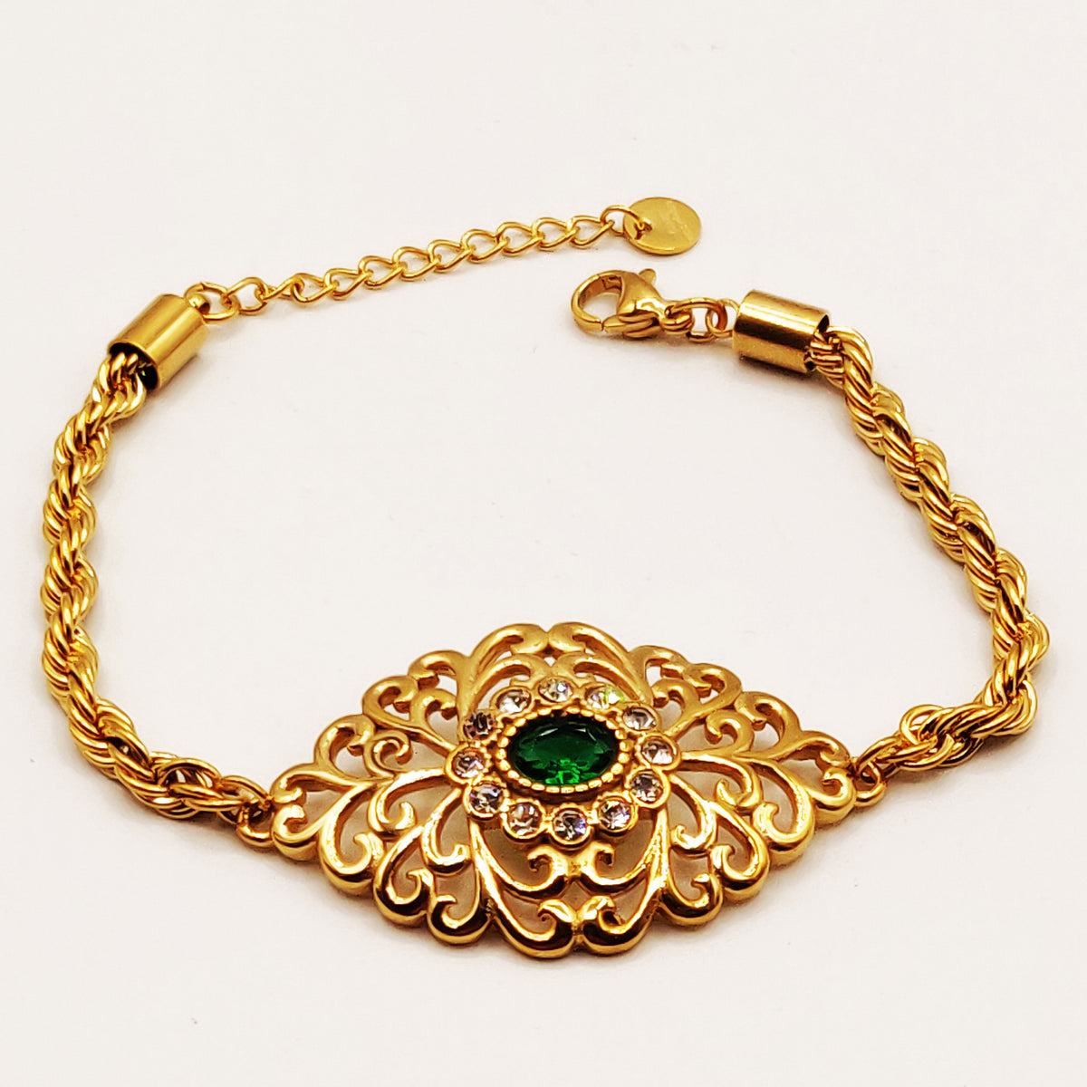 Bracelet Torsade Grande Goutte Motifs Orientaux Pierre Verte Luxe