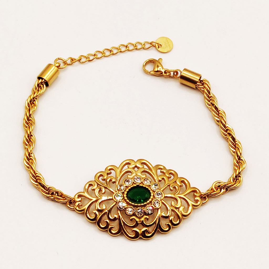 Bracelet Torsade Grande Goutte Motifs Orientaux Pierre Verte Luxe