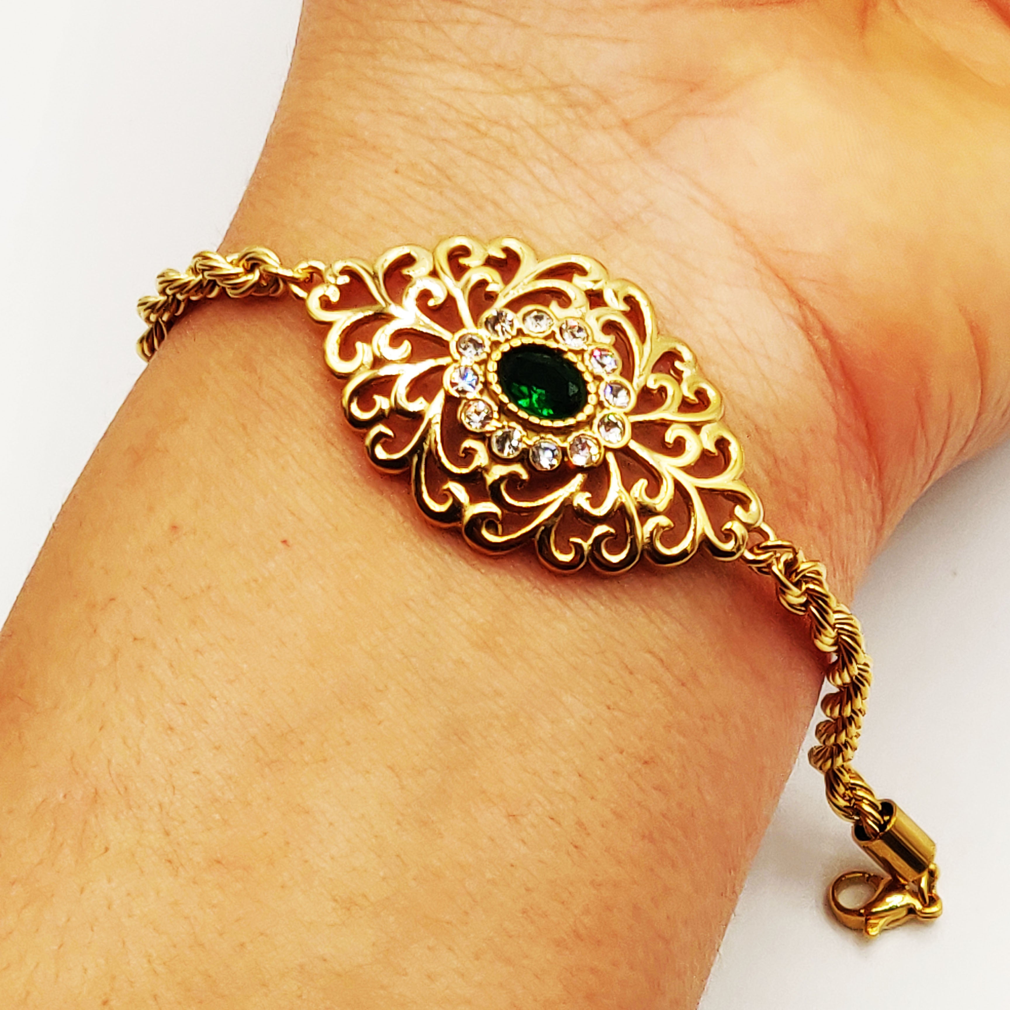 Bracelet Torsade Grande Goutte Motifs Orientaux Pierre Verte Luxe