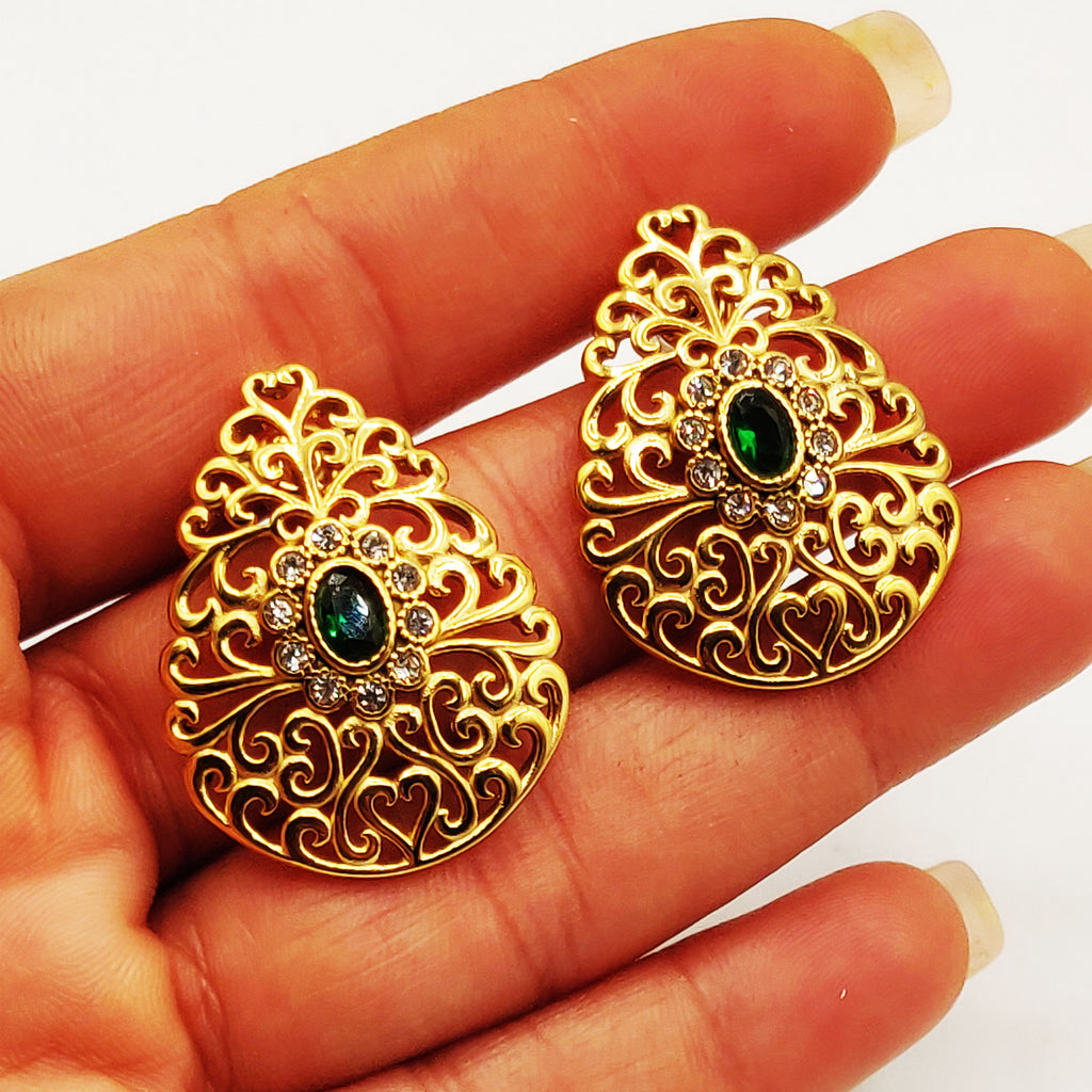 Boucles d'oreilles Torsade Grande Goutte Motifs Orientaux Pierre Verte Luxe