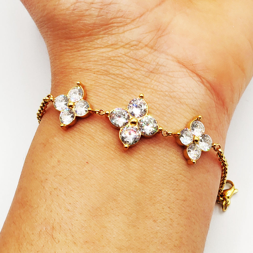 Bracelet Mailles Multi Grands Trèfles 4 Cristaux Luxe