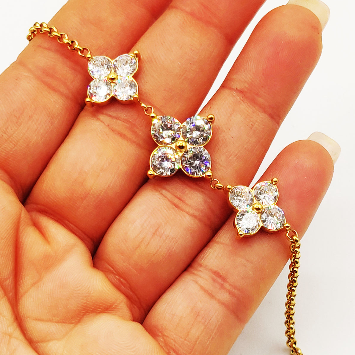 Bracelet Mailles Multi Grands Trèfles 4 Cristaux Luxe