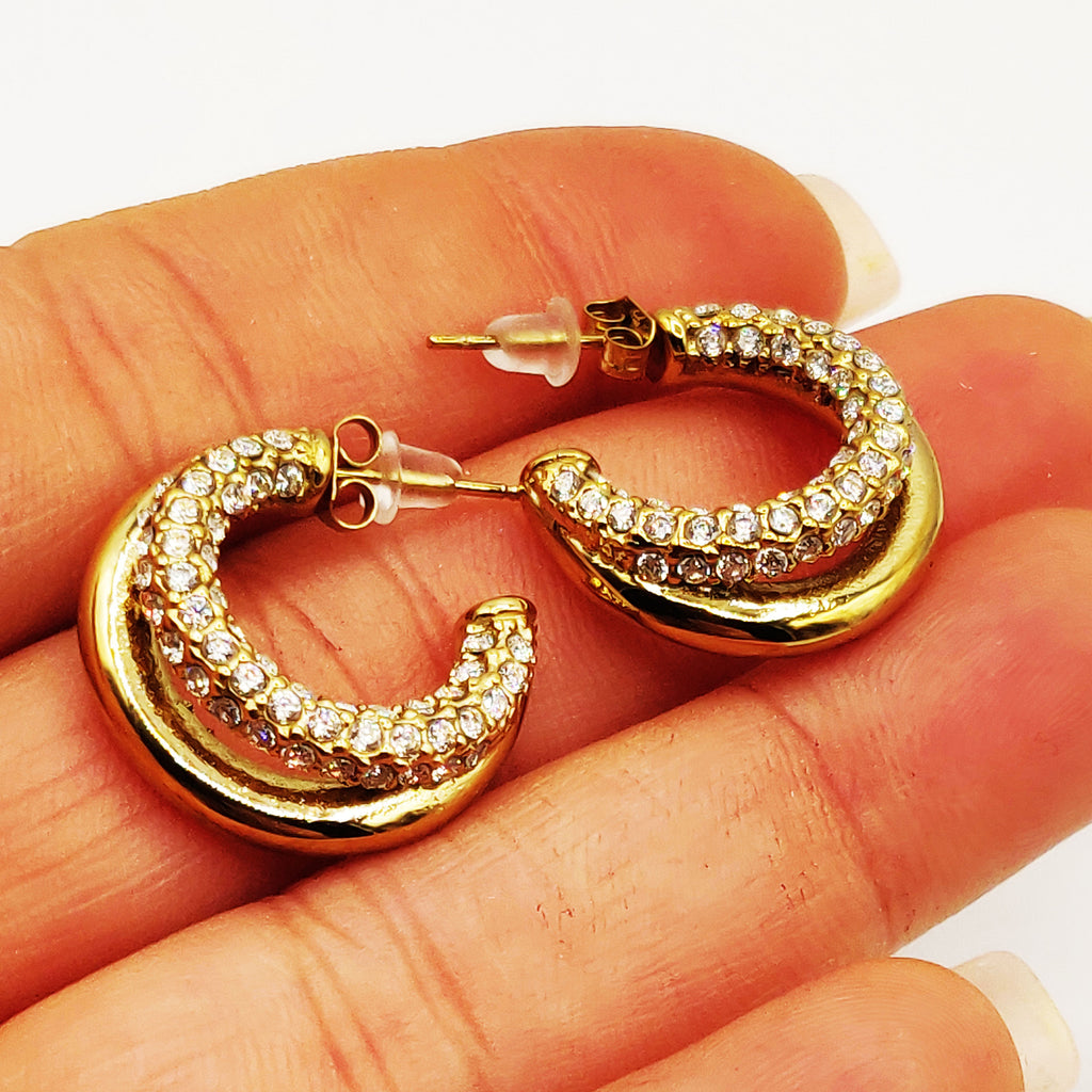 Boucles d'oreilles Double Lignes Cristaux et Dorée Luxe