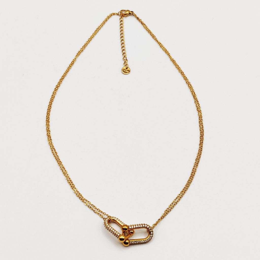 Collier Chaîne Double Pendentif Double T Luxe Cristaux