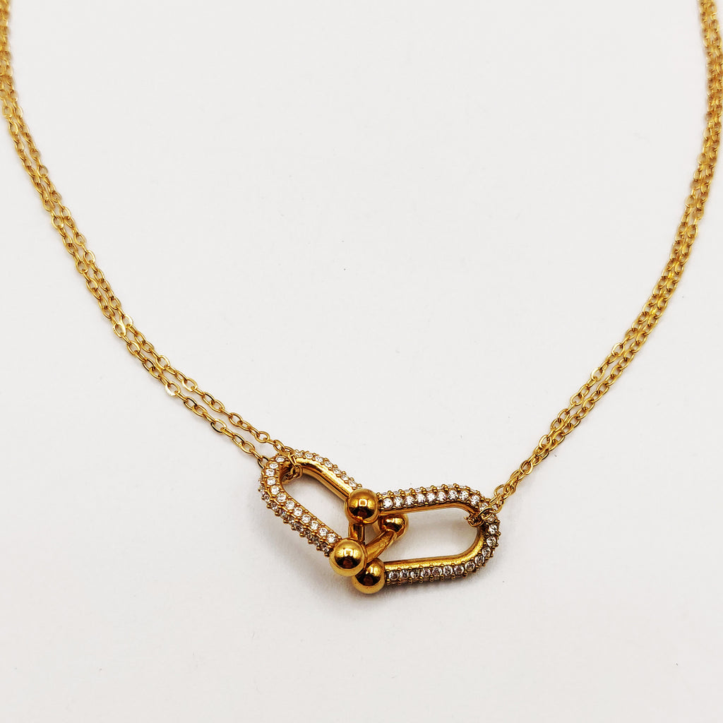 Collier Chaîne Double Pendentif Double T Luxe Cristaux