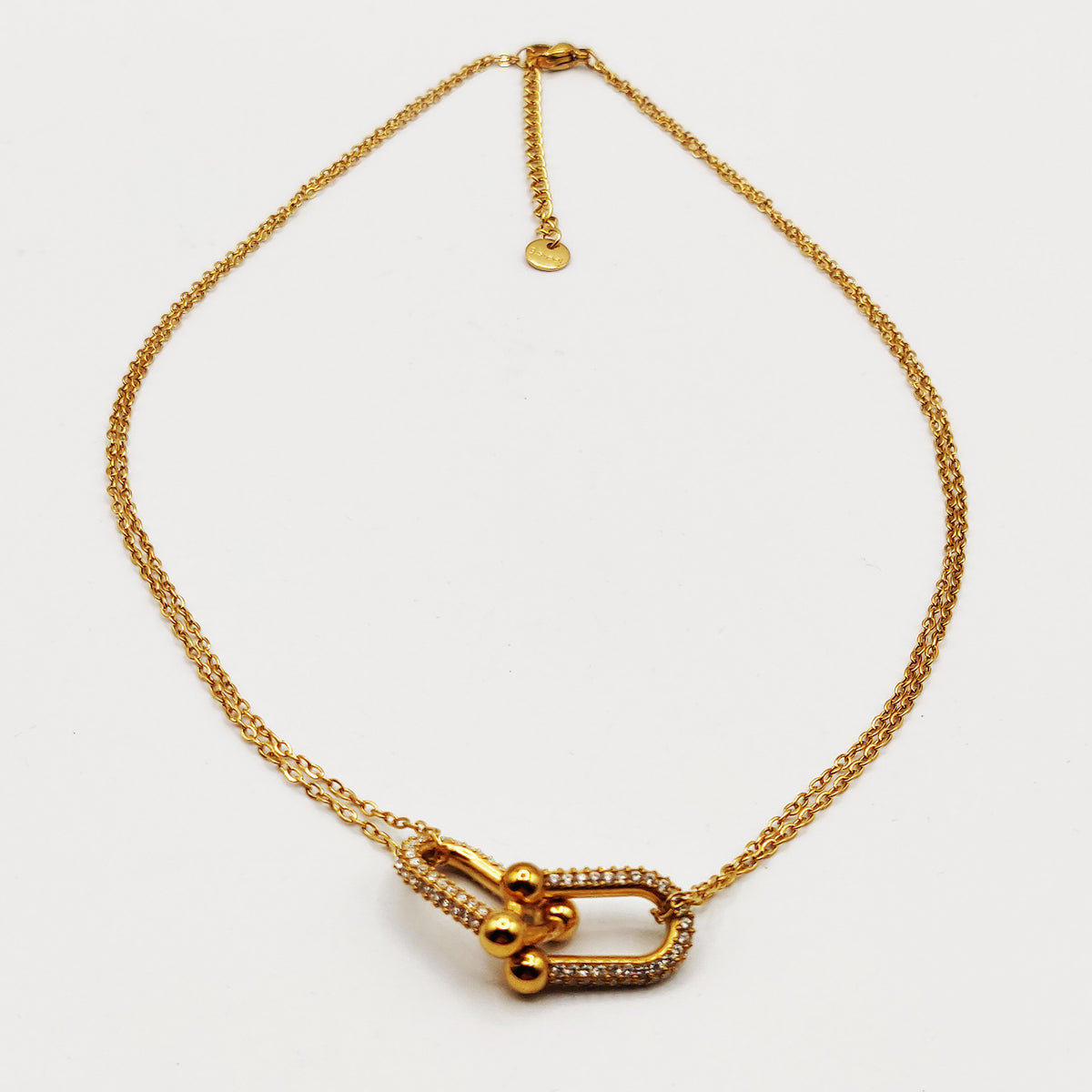 Collier Chaîne Double Pendentif Double T Luxe Cristaux