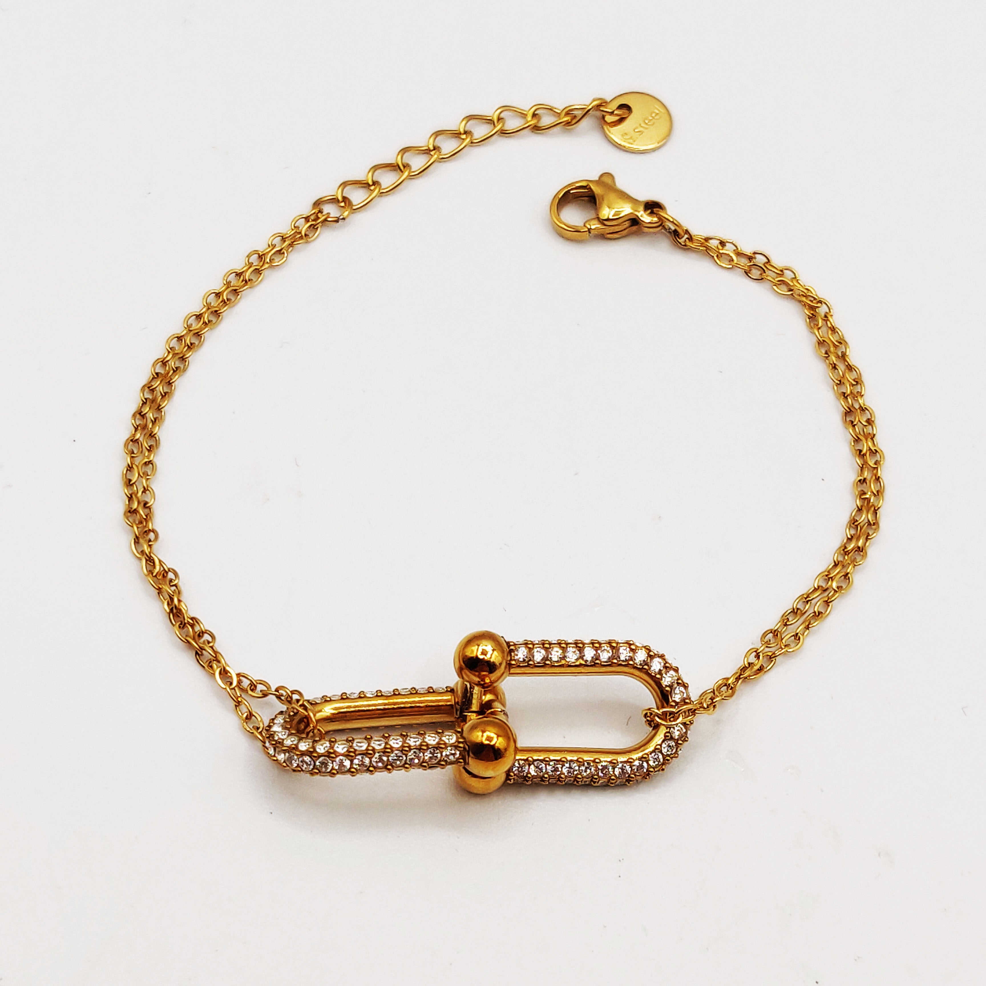 Bracelet Chaîne Double Pendentif Double T Luxe Cristaux