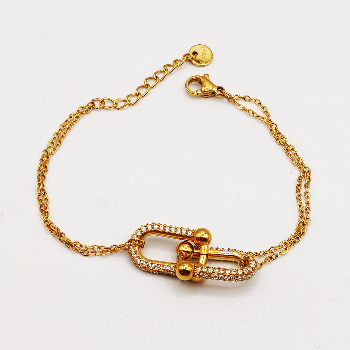 Bracelet Chaîne Double Pendentif Double T Luxe Cristaux