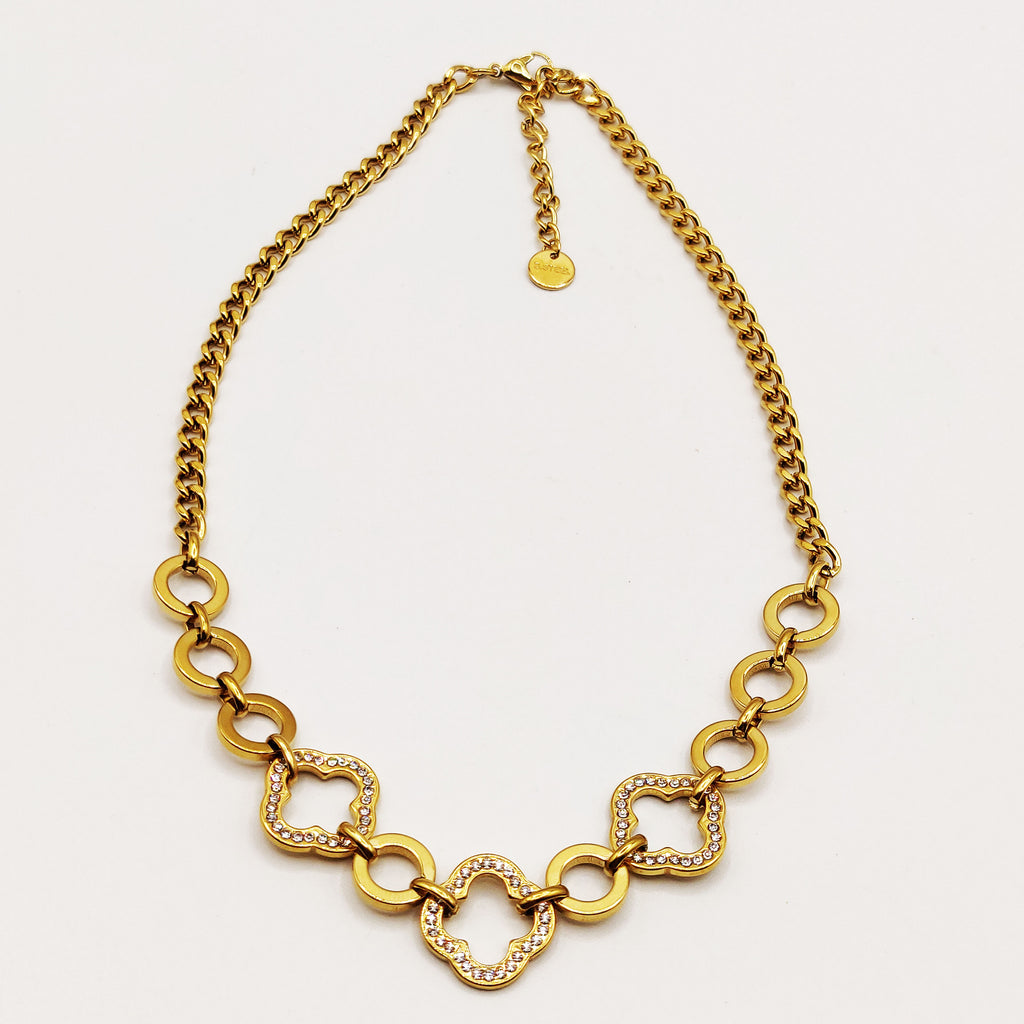 Collier Chaîne Grands Trèfles Creux Cristaux Luxe