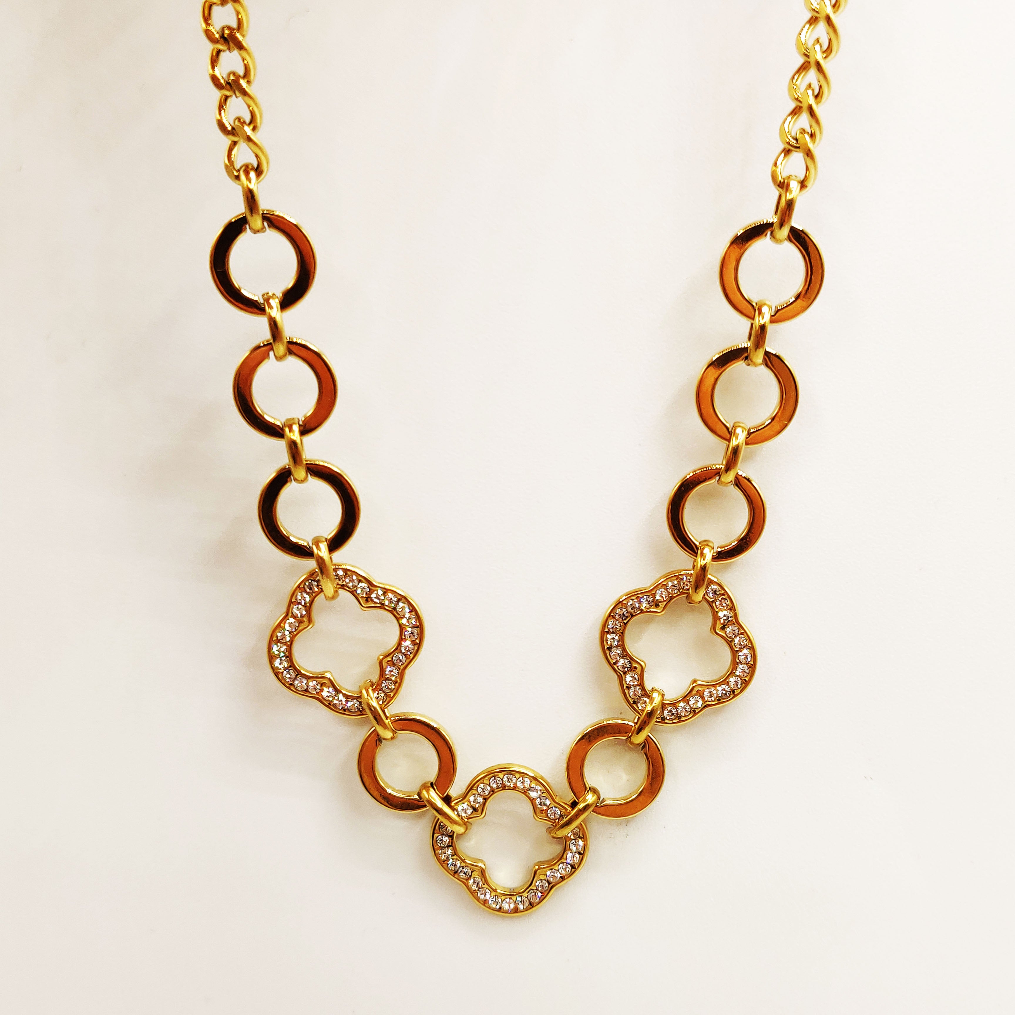 Collier Chaîne Grands Trèfles Creux Cristaux Luxe