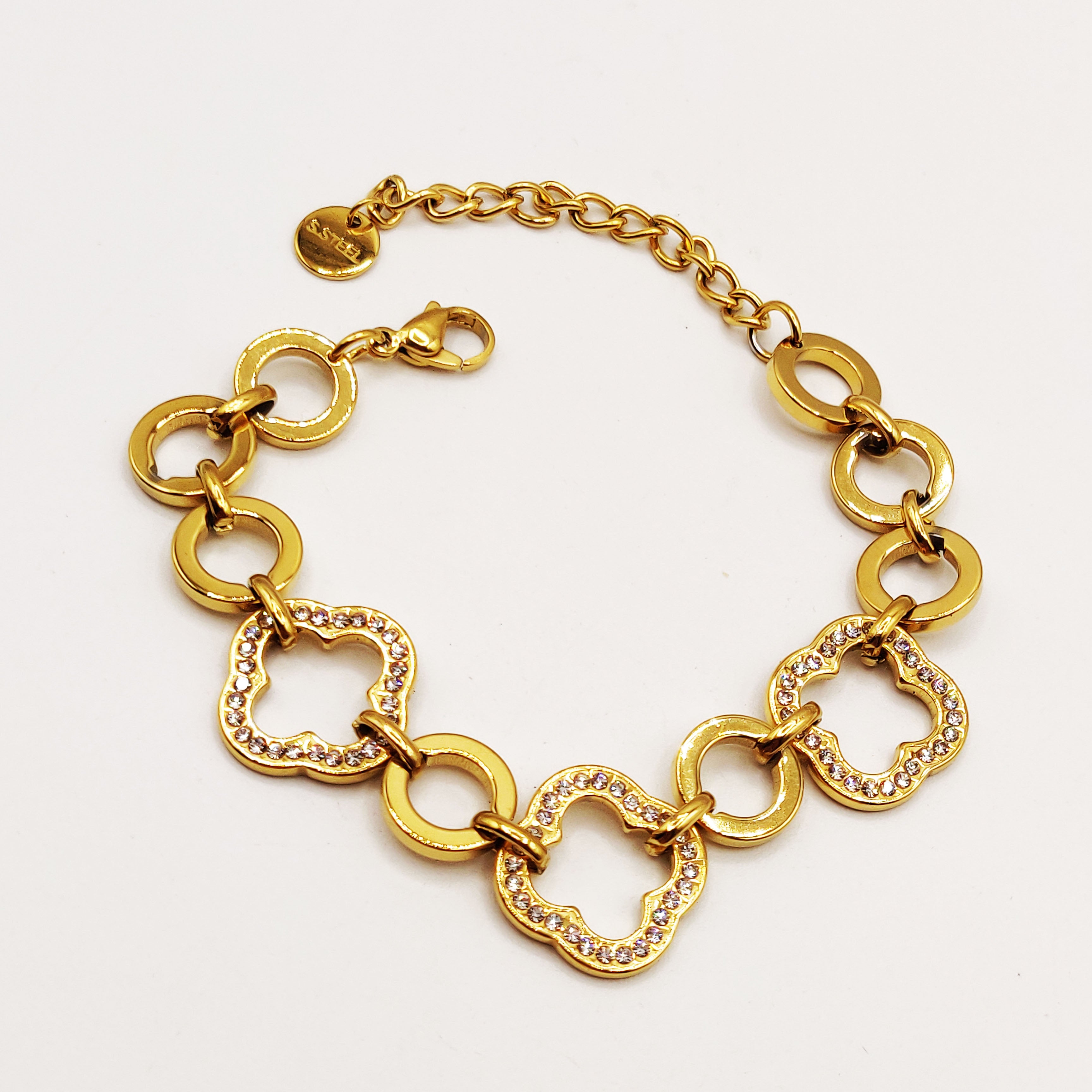 Bracelet Chaîne Grands Trèfles Creux Cristaux Luxe