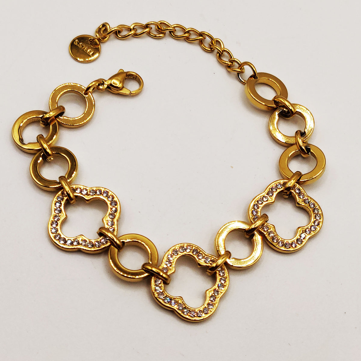 Bracelet Chaîne Grands Trèfles Creux Cristaux Luxe