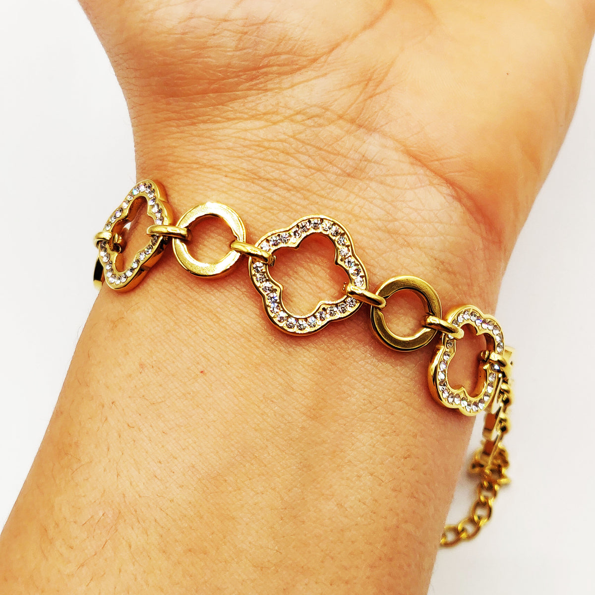 Bracelet Chaîne Grands Trèfles Creux Cristaux Luxe