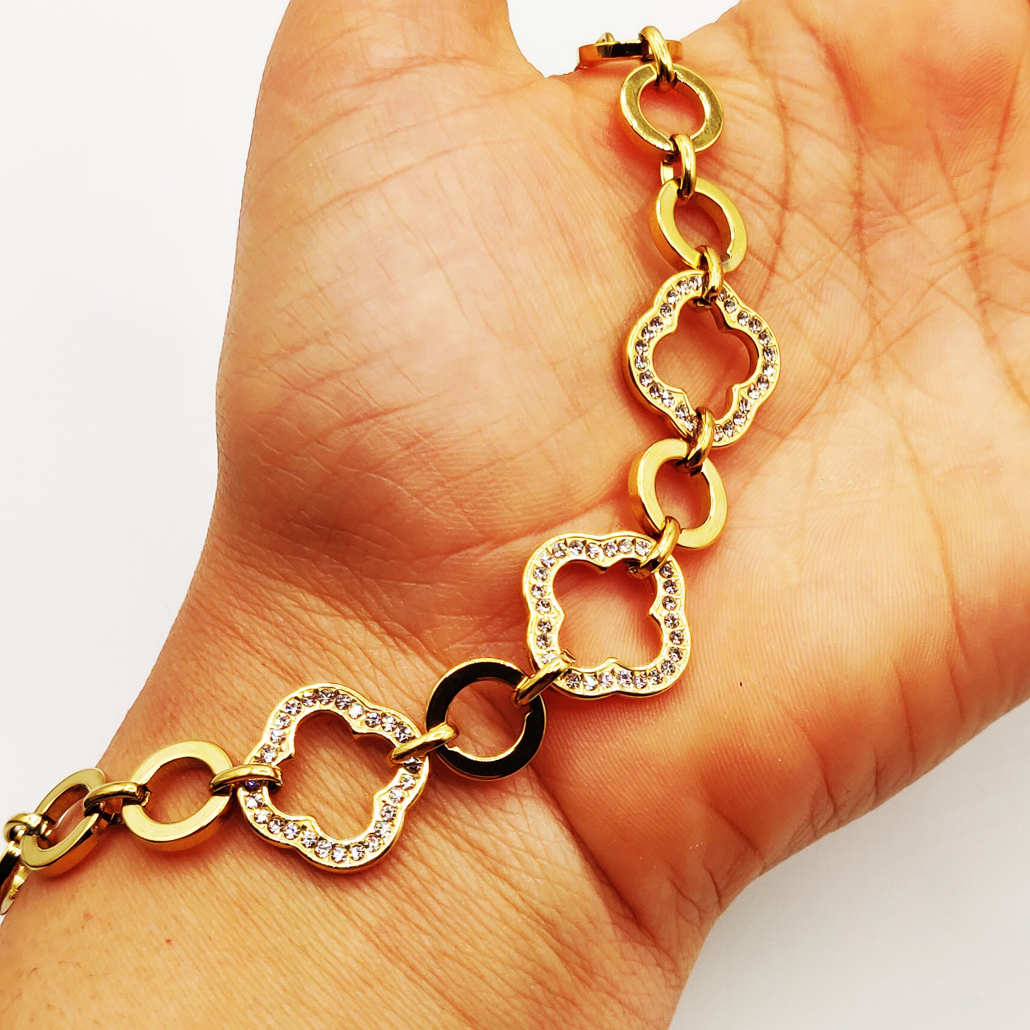 Bracelet Chaîne Grands Trèfles Creux Cristaux Luxe
