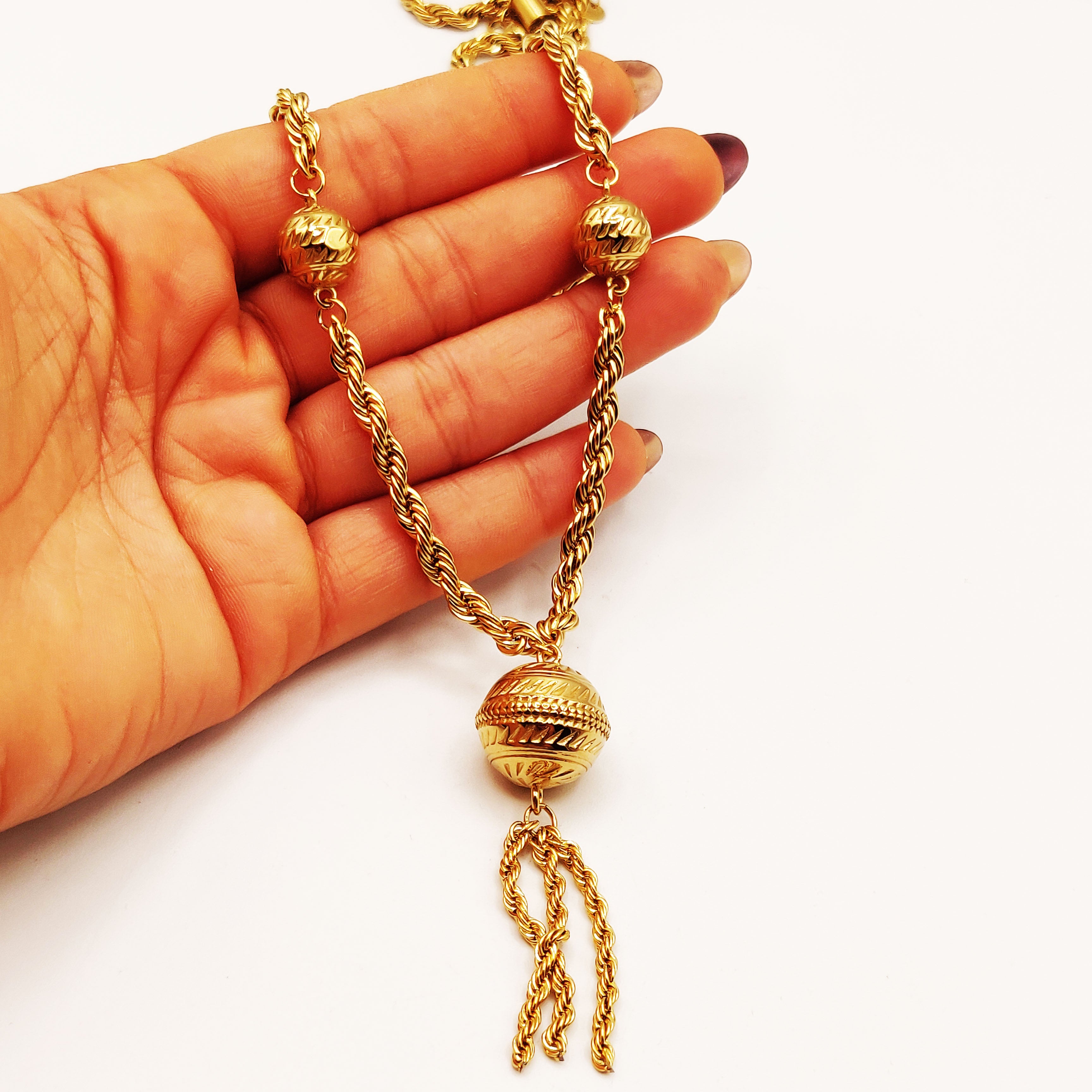 Collier / Sautoir Torsade Triple Boules Dorées Luxe