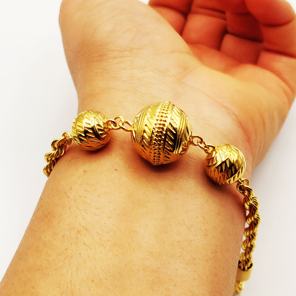 Bracelet Torsade Triple Boules Dorées Luxe