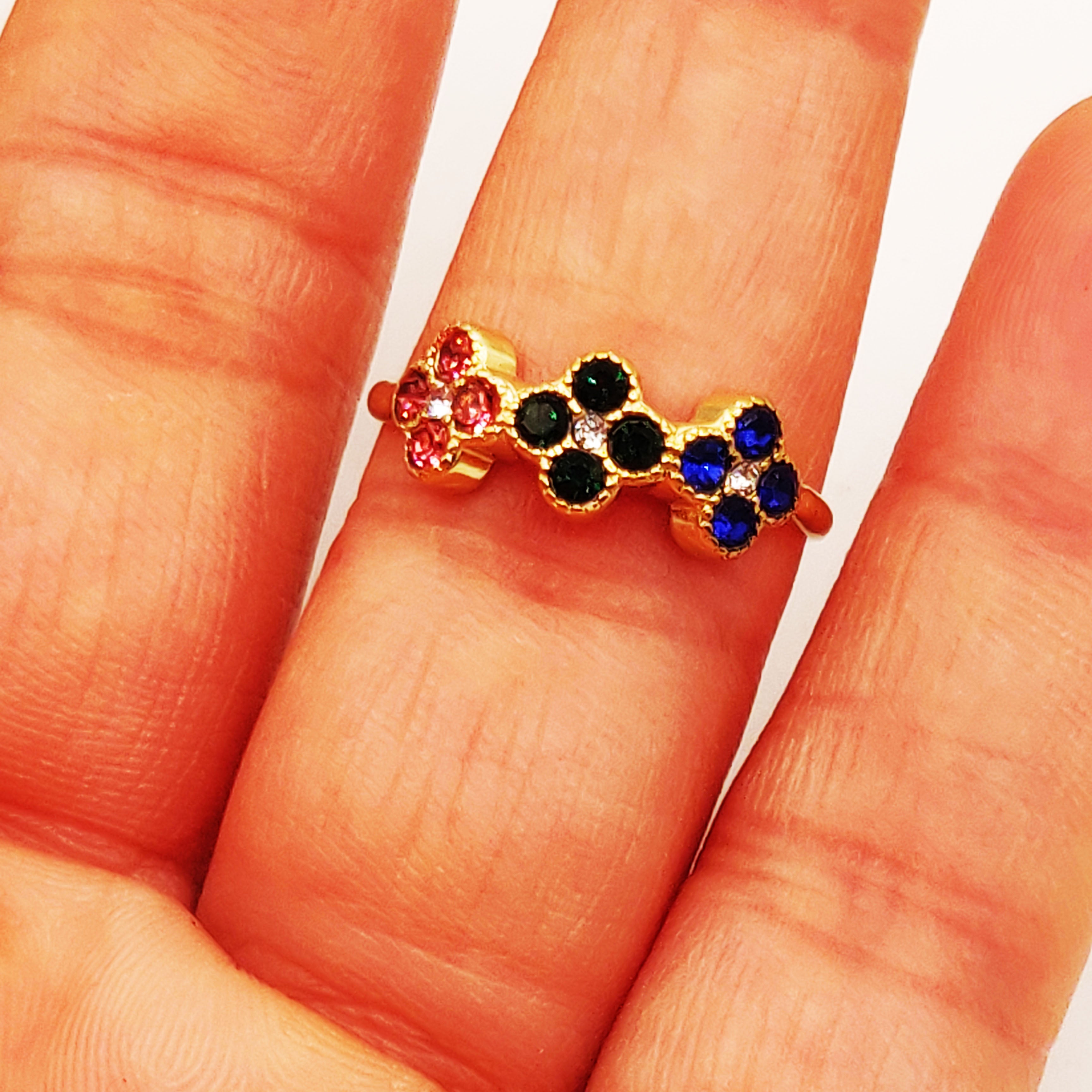 Bague Trèfles Cristaux Bleus, Verts et Roses Luxe