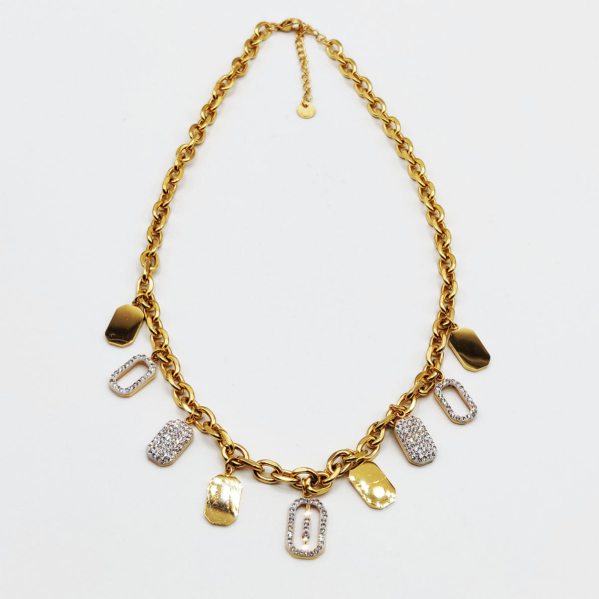 Collier Chaîne Pendentifs Rectangles Dorés et Cristaux Luxe