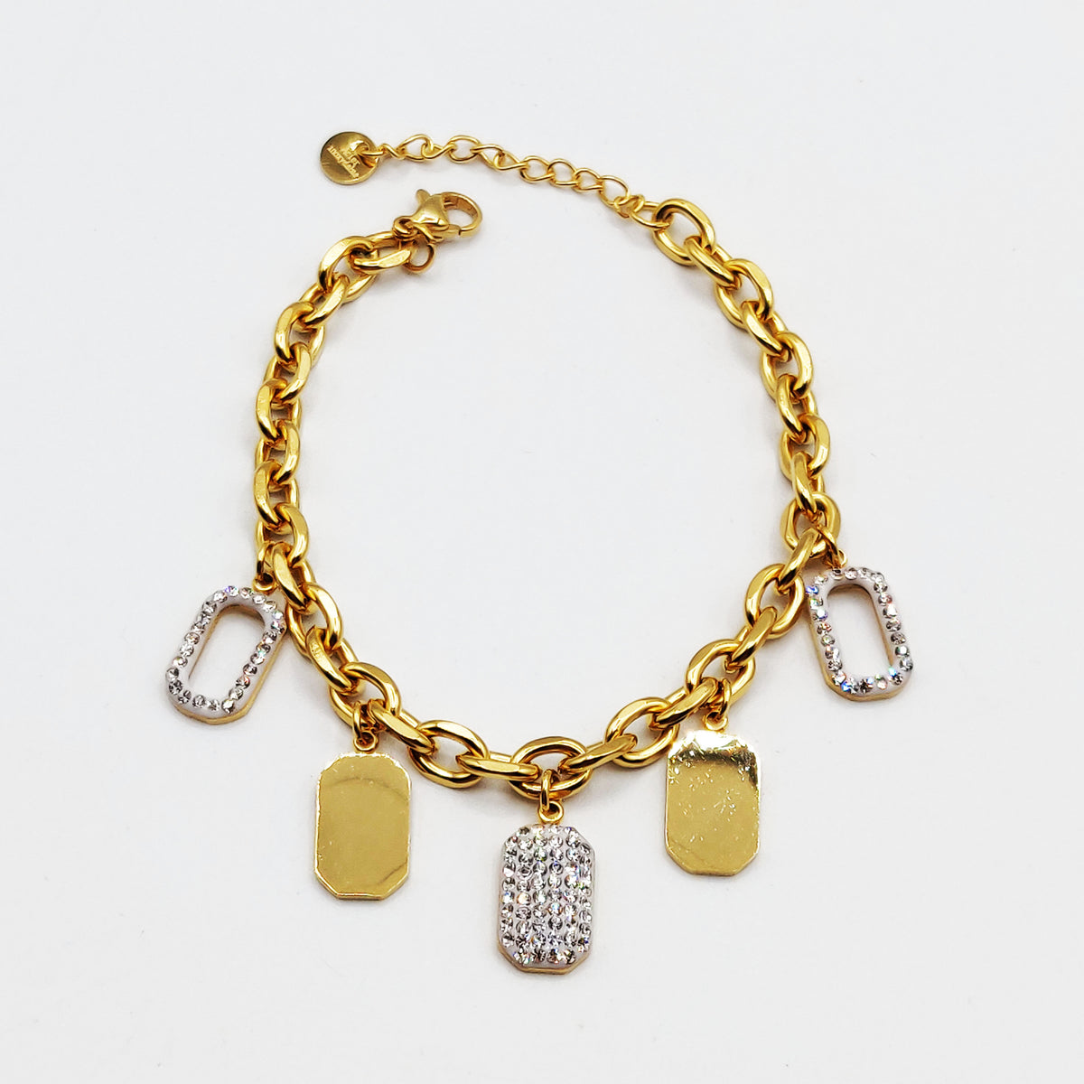 Bracelet Chaîne Pendentifs Rectangles Dorés et Cristaux Luxe