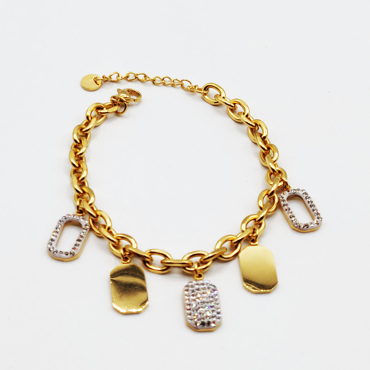 Bracelet Chaîne Pendentifs Rectangles Dorés et Cristaux Luxe
