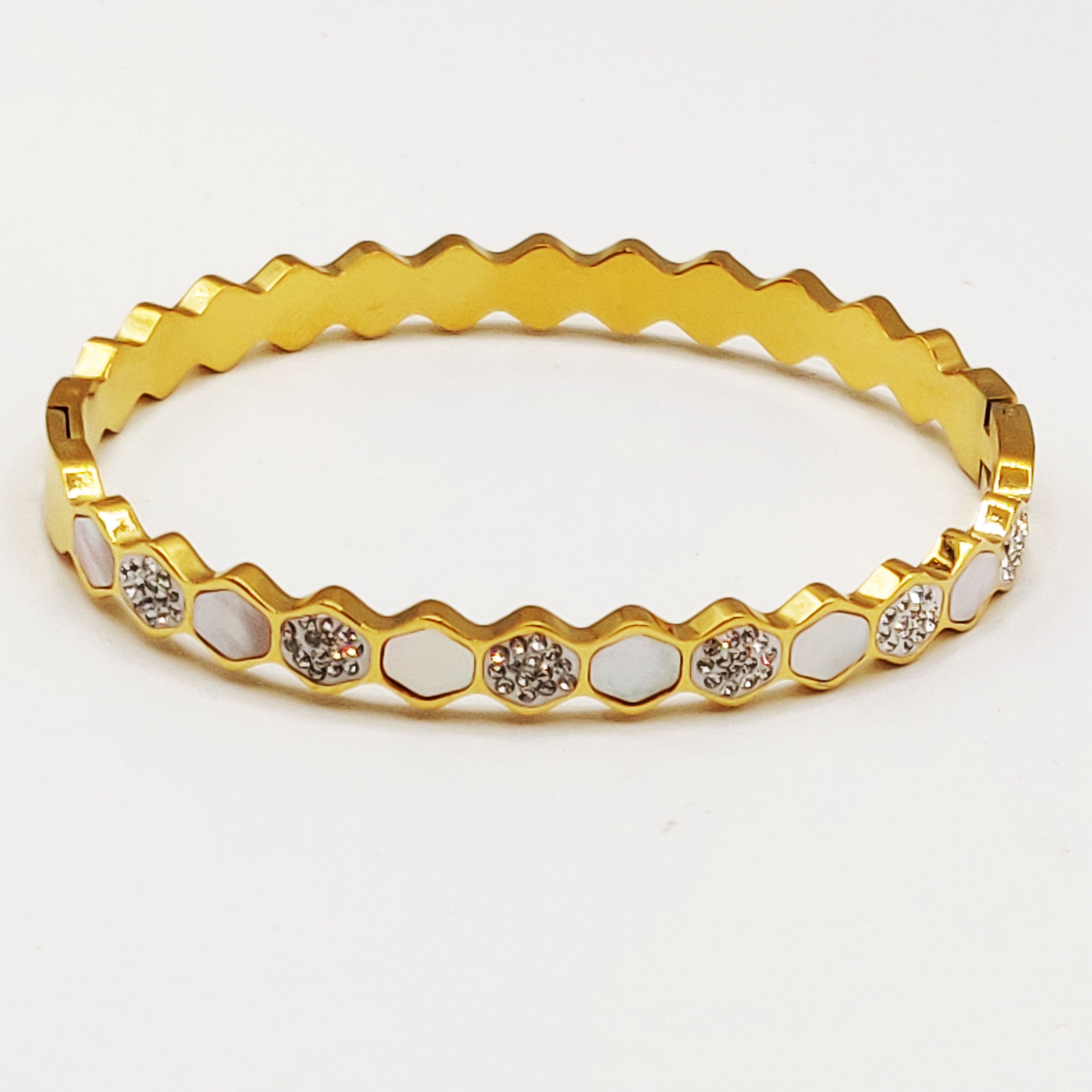 Bracelet Rigide Multi Hexagones Cristaux et Blancs Nacrés Luxe