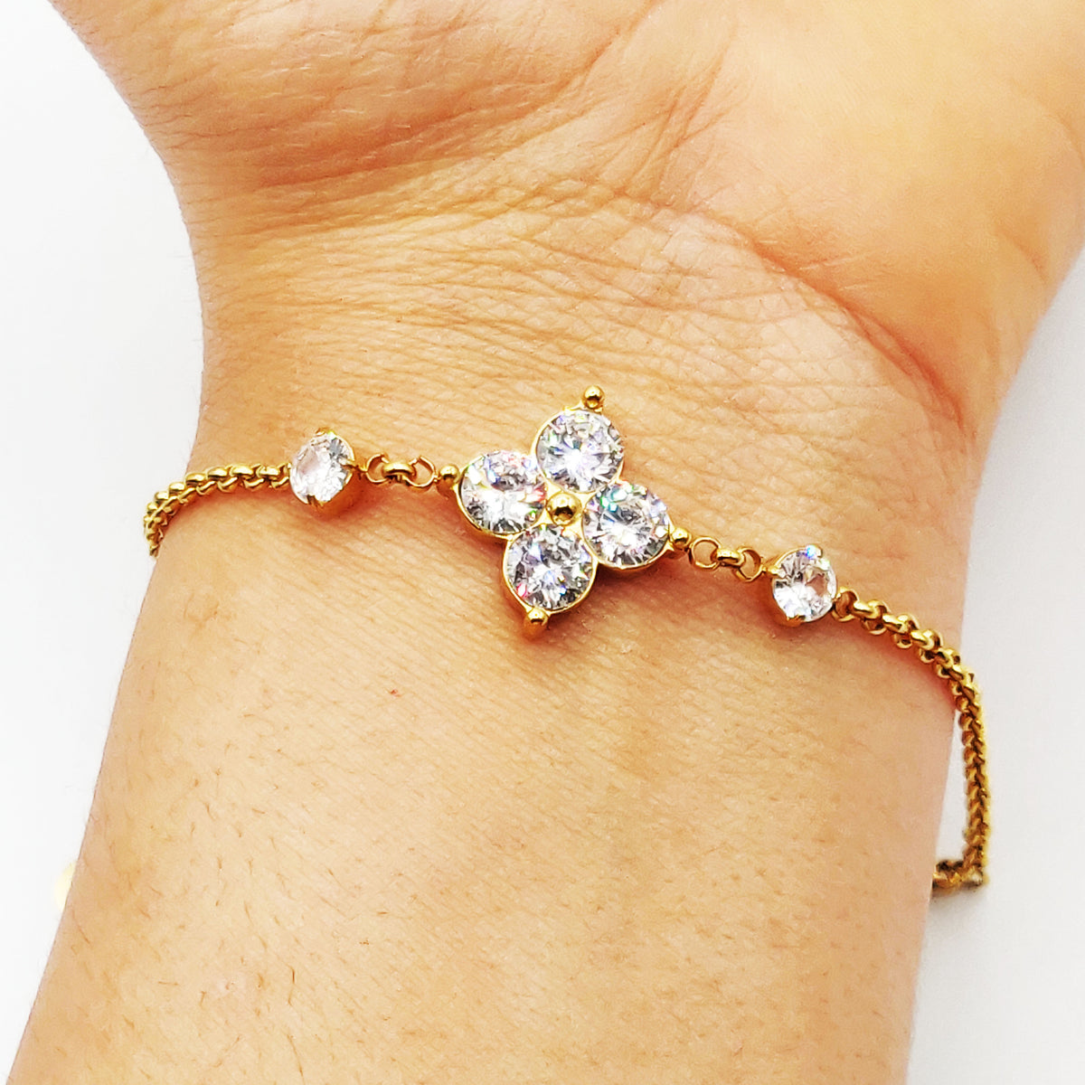 Bracelet Maillons Trèfle 4 Gros Cristaux Ronds Luxe