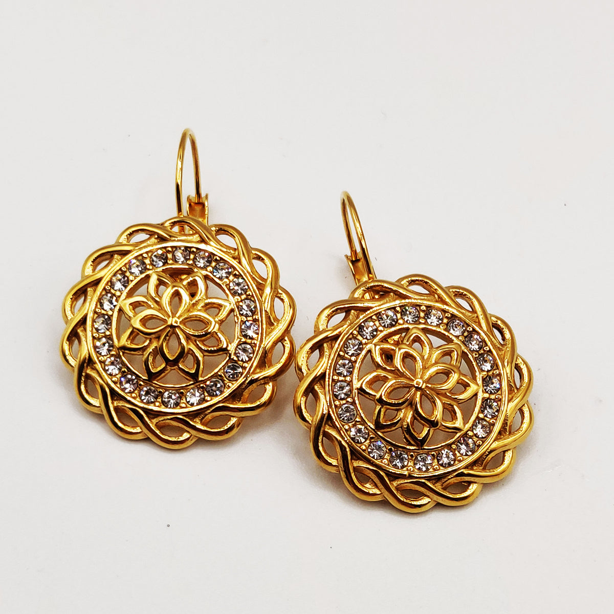Boucles d'oreilles Pendentif Rosace Tour Cristaux et Torsade Luxe