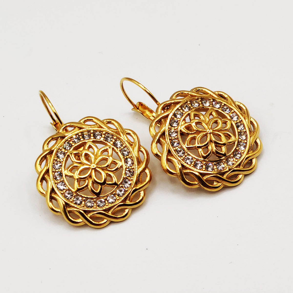Boucles d'oreilles Pendentif Rosace Tour Cristaux et Torsade Luxe