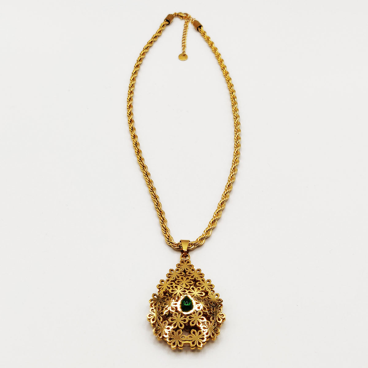 Collier Torsade Pendentif Goutte Multi Fleurs Cristal Vert Luxe