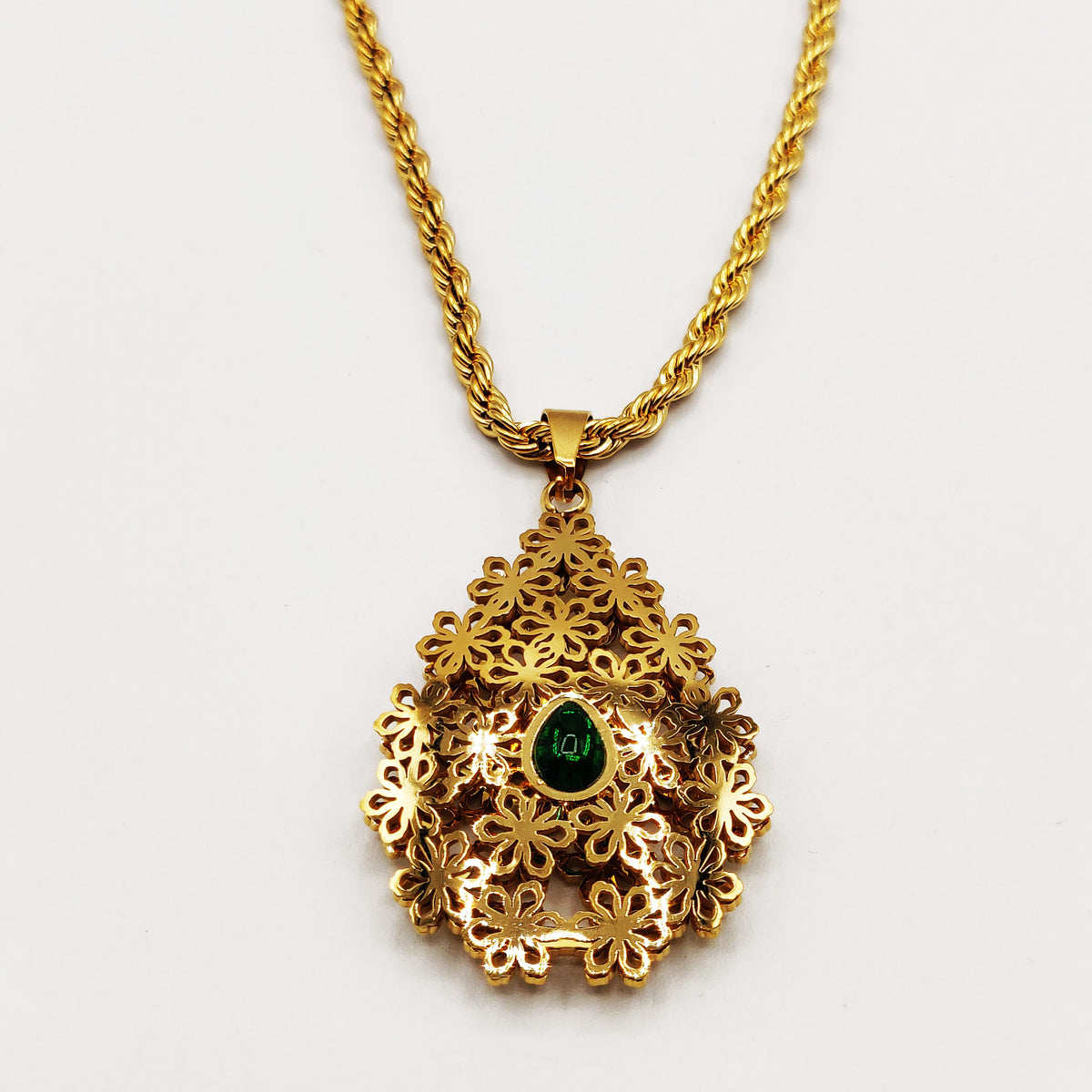 Collier Torsade Pendentif Goutte Multi Fleurs Cristal Vert Luxe