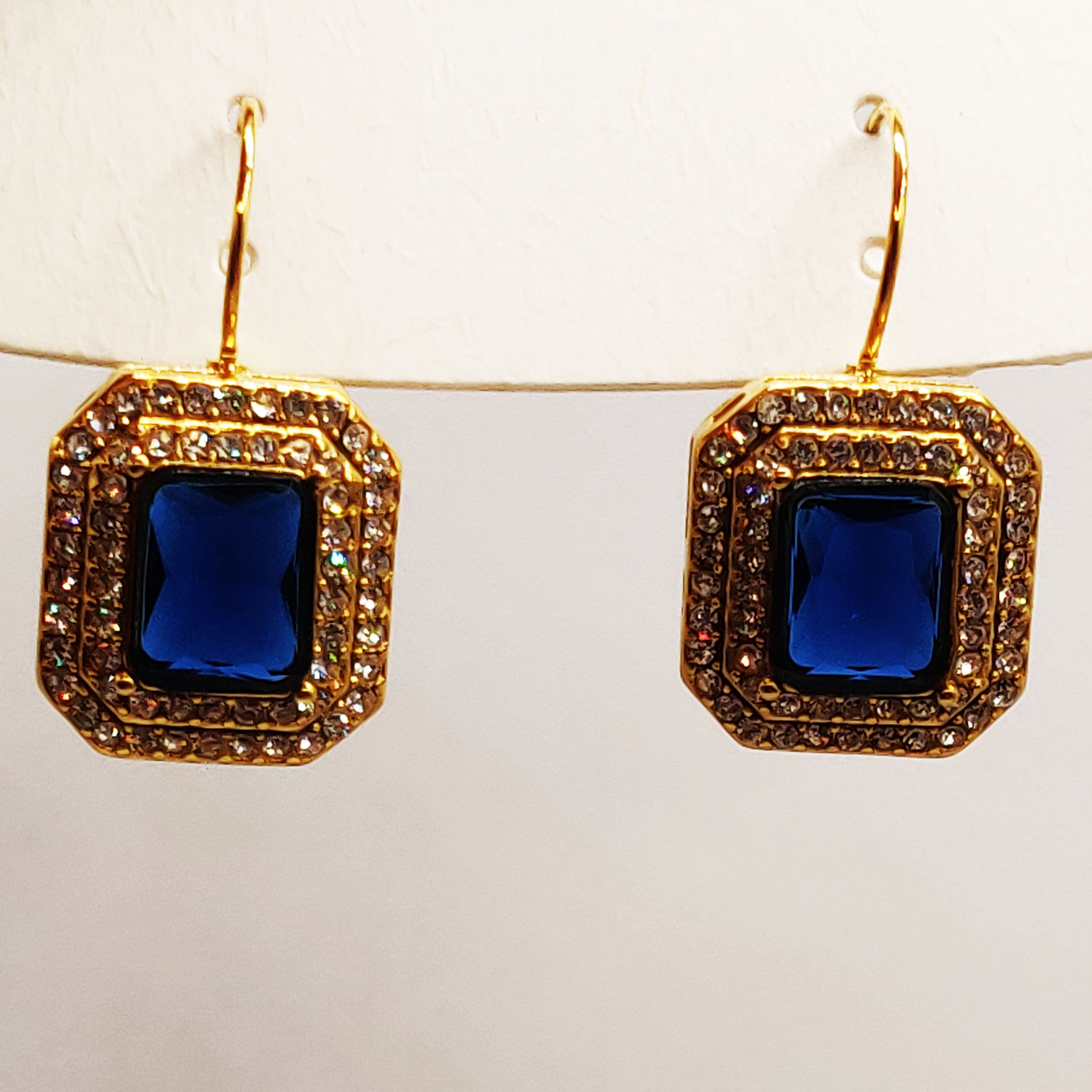 Boucles d'oreilles Triple Rectangles Bleu et Cristaux Luxe