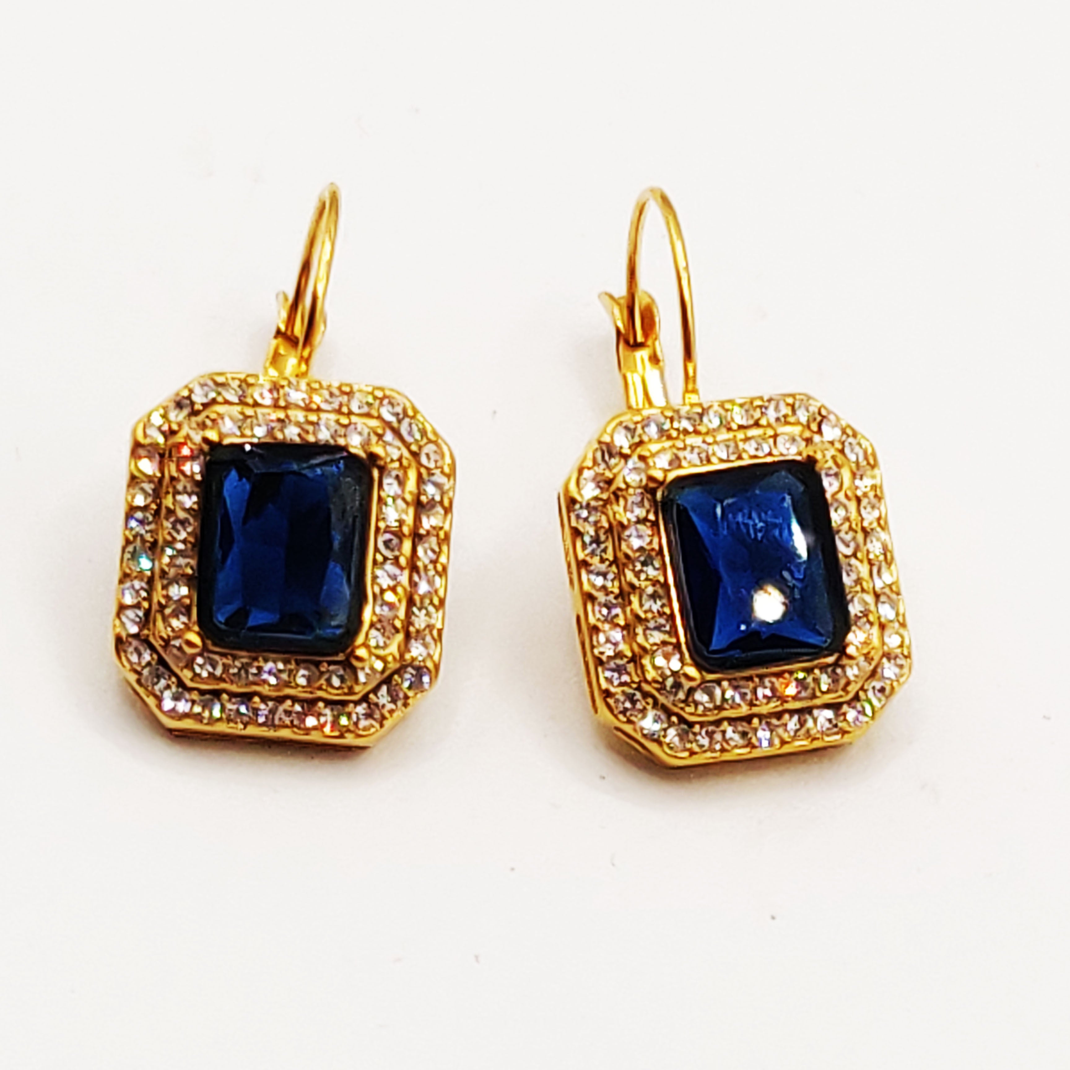 Boucles d'oreilles Triple Rectangles Bleu et Cristaux Luxe