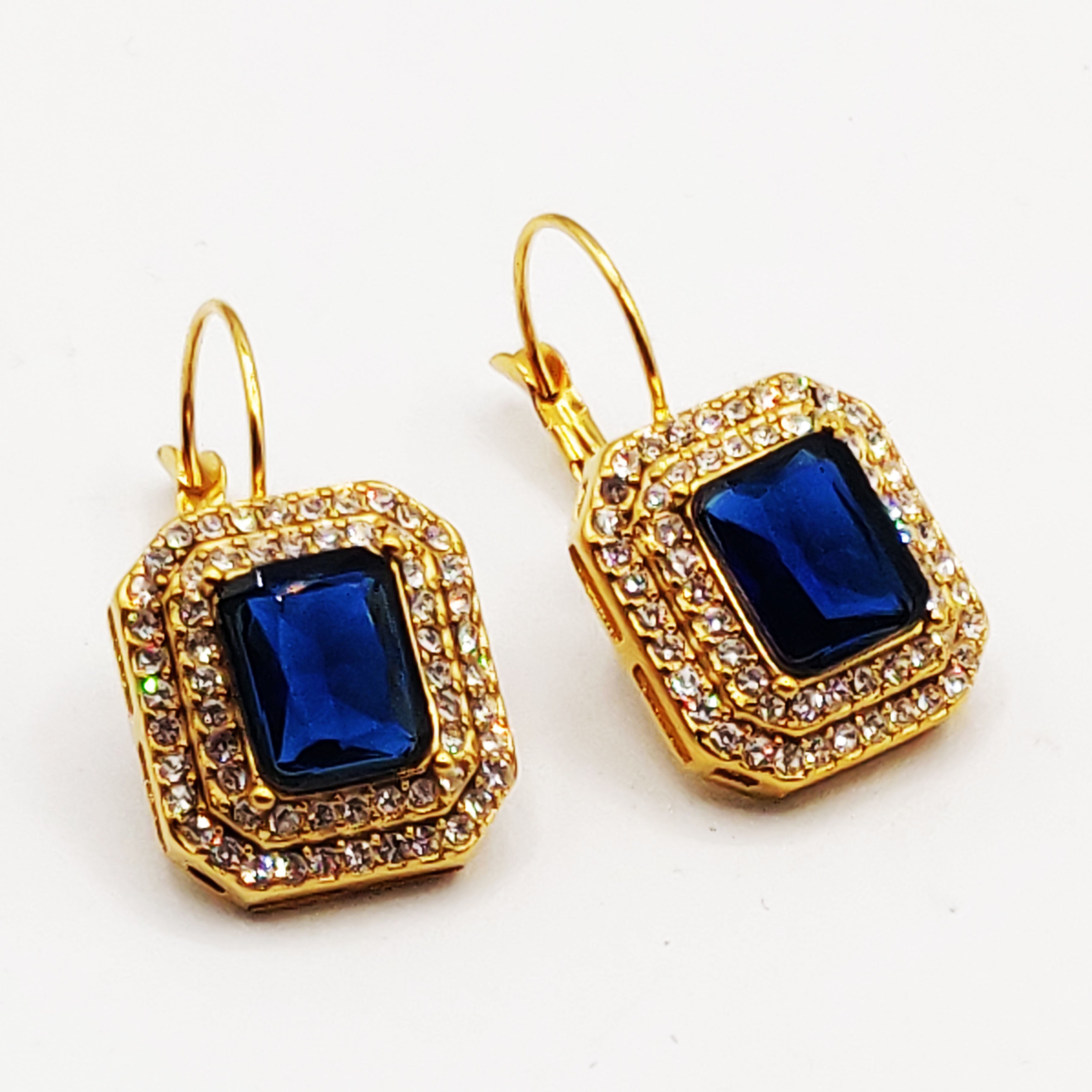 Boucles d'oreilles Triple Rectangles Bleu et Cristaux Luxe