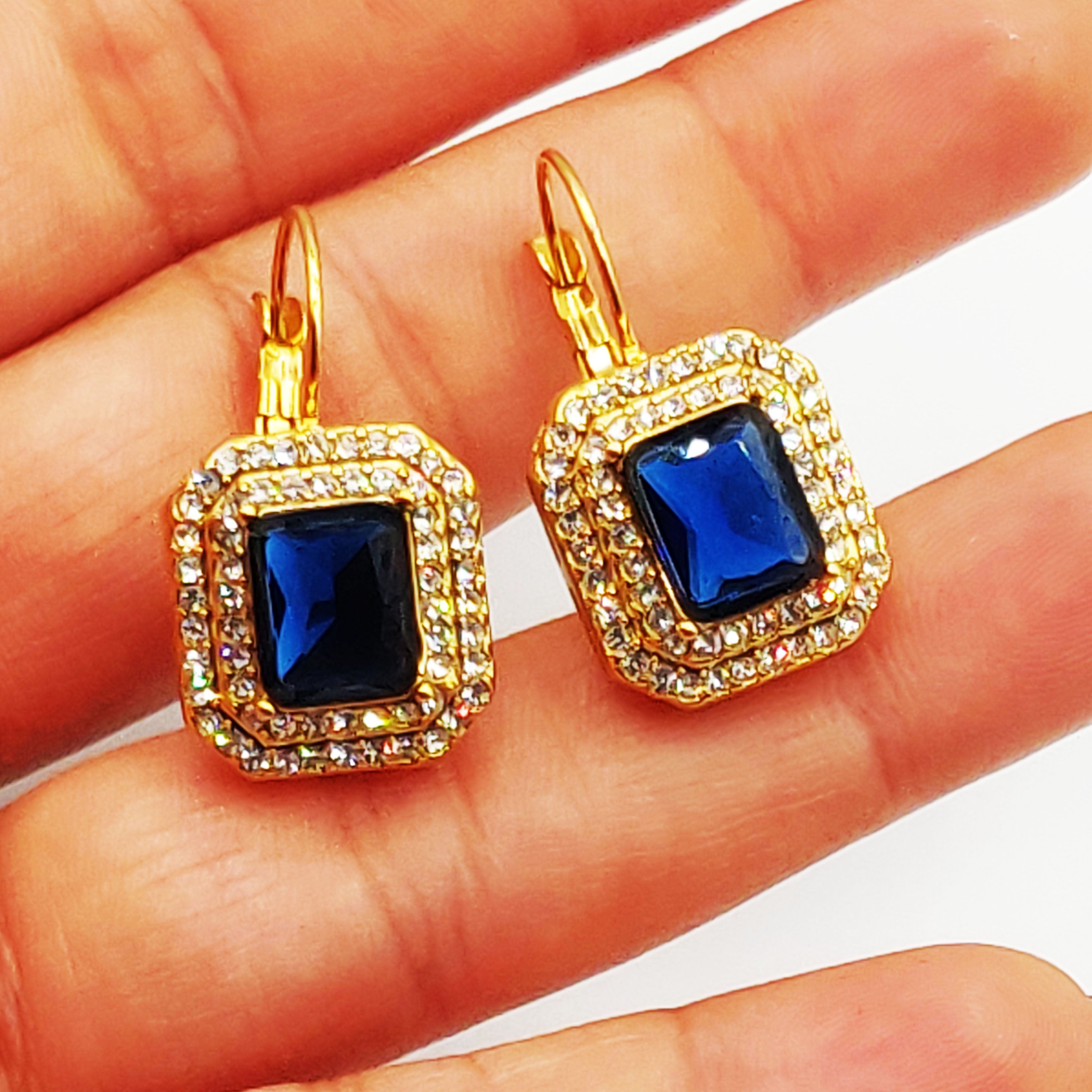 Boucles d'oreilles Triple Rectangles Bleu et Cristaux Luxe