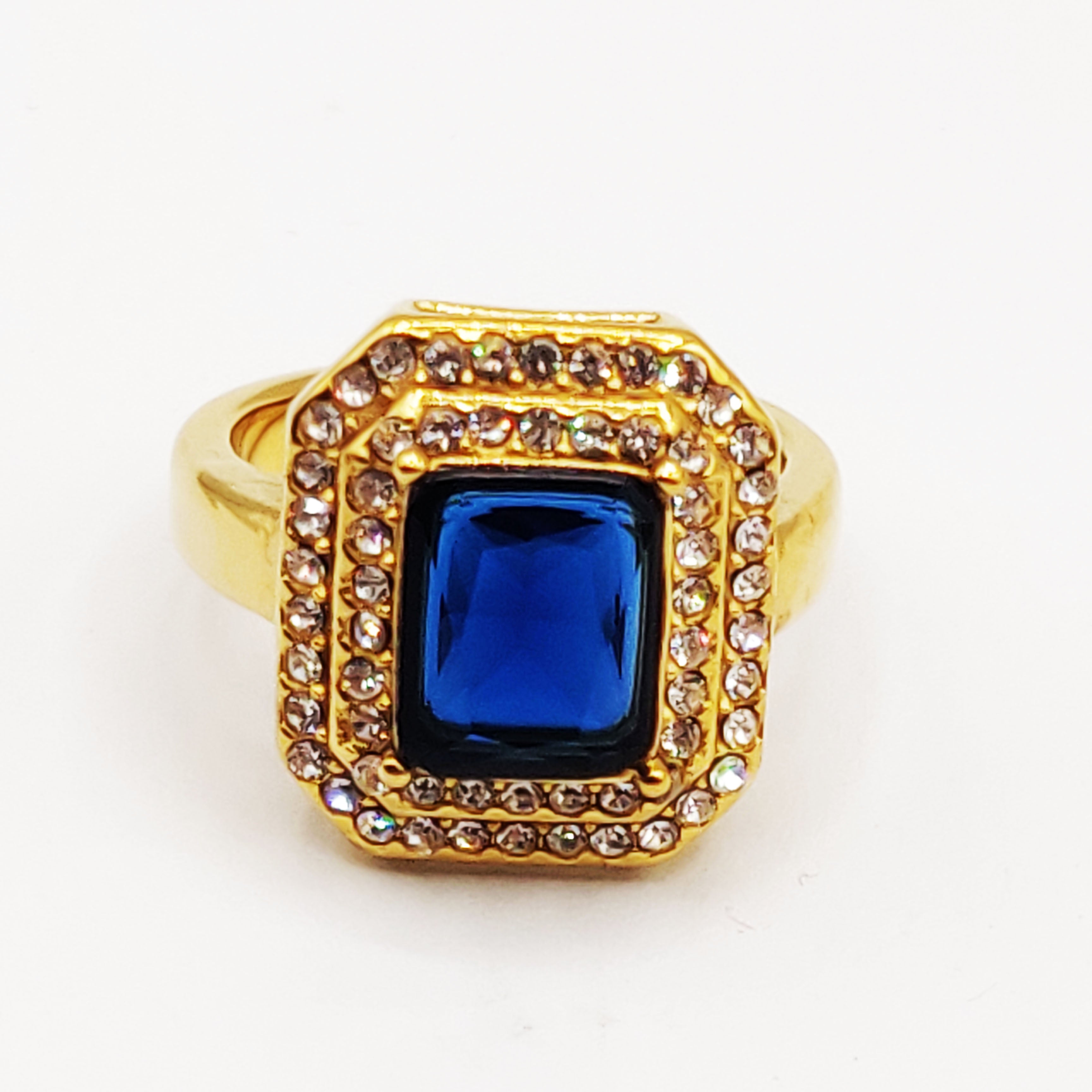 Bague Triple Rectangles Bleu et Cristaux Luxe