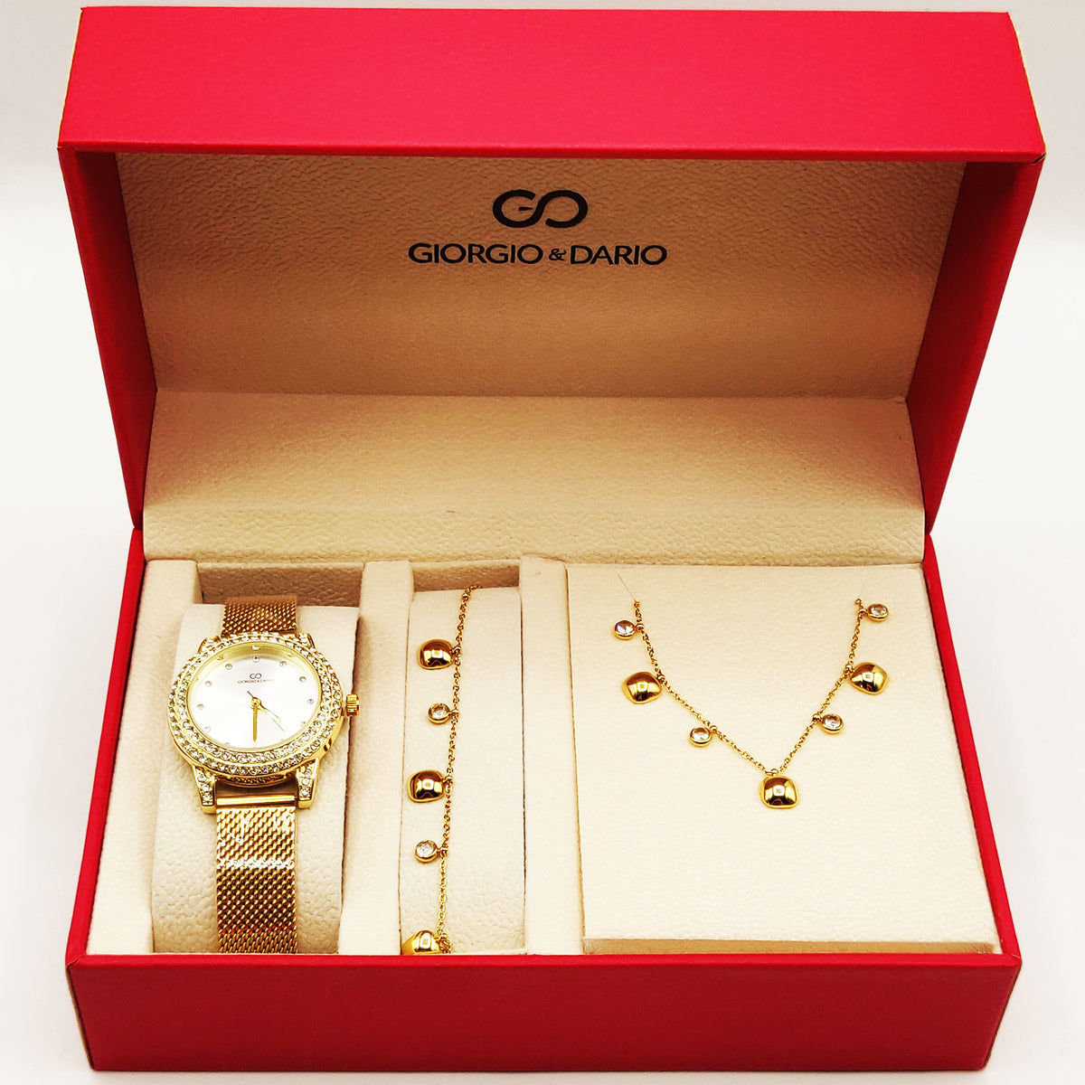 Coffret Montre Giorgio & Dario EU6587 Fond Blanc avec Collier et Bracelet Carrés Bombés