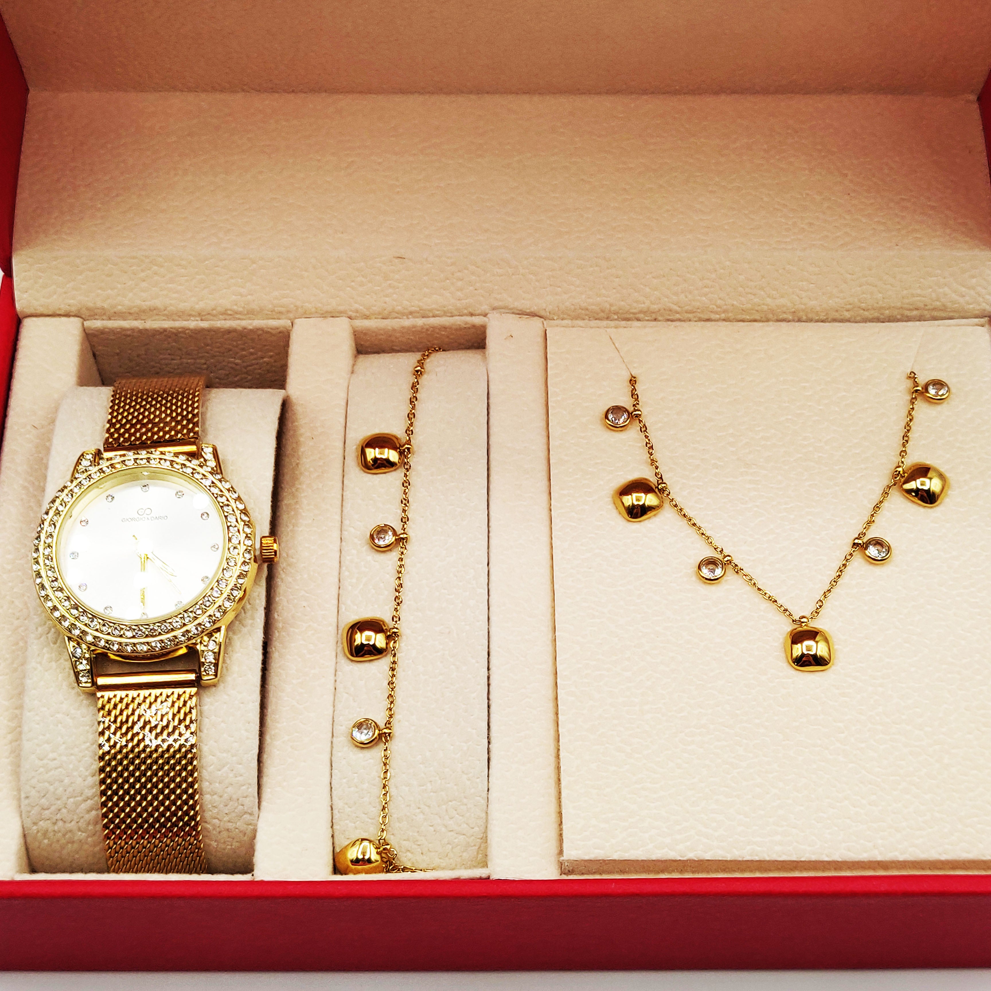 Coffret Montre Giorgio & Dario EU6587 Fond Blanc avec Collier et Bracelet Carrés Bombés