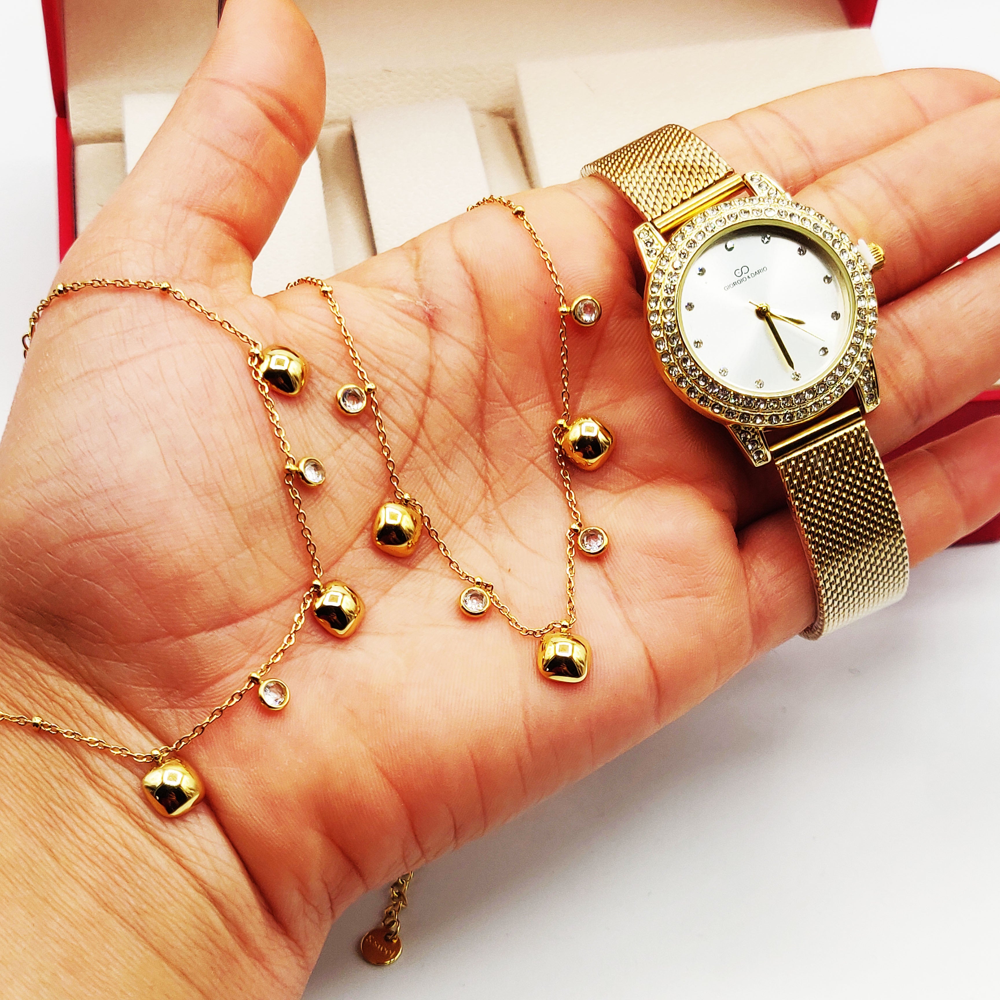 Coffret Montre Giorgio & Dario EU6587 Fond Blanc avec Collier et Bracelet Carrés Bombés
