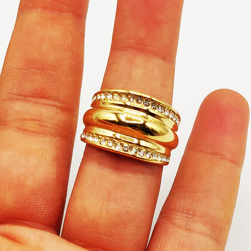 Bague Bombée Double Lignes Cristaux Luxe