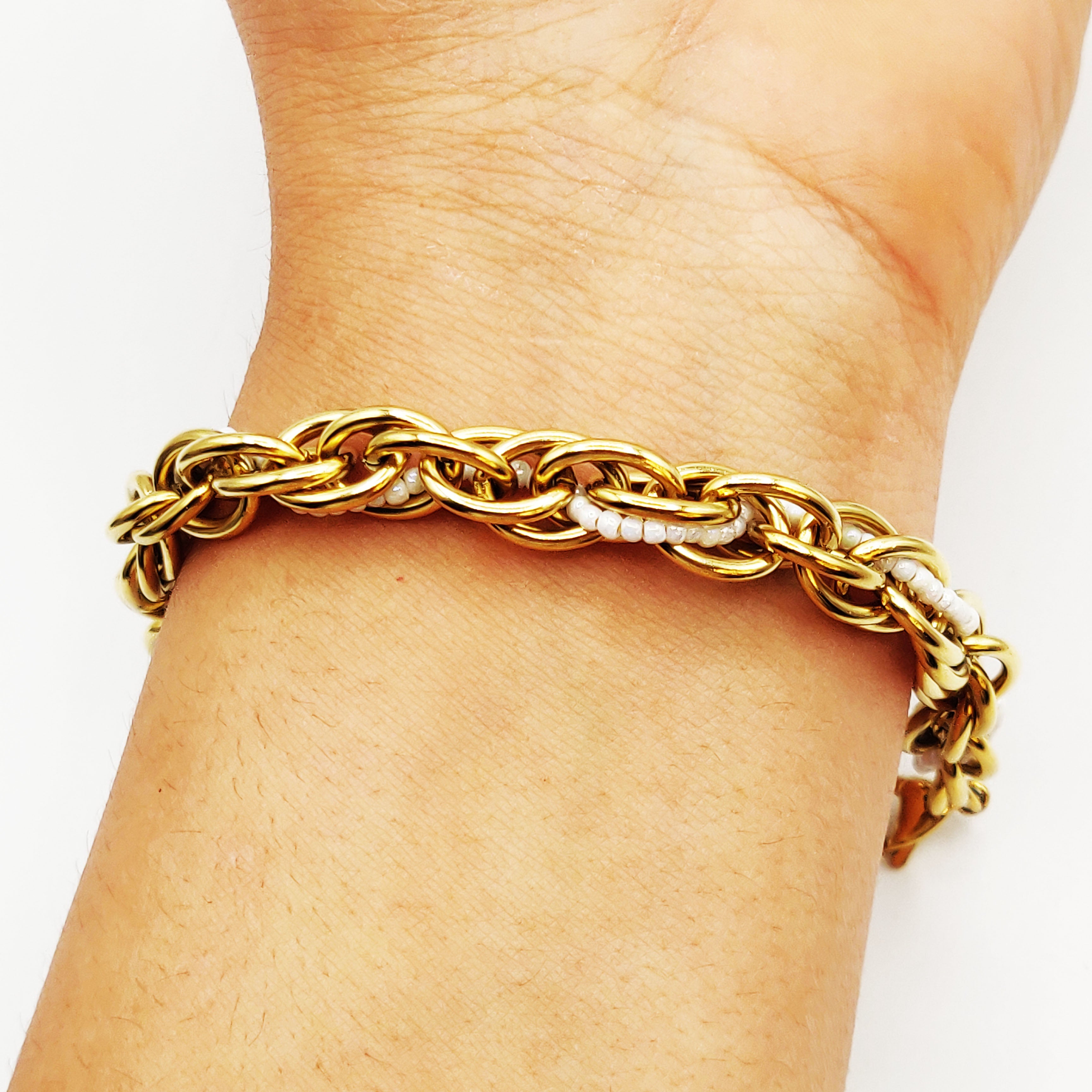 Bracelet Maille Imbriquée Perles d'imitation Blanches Luxe